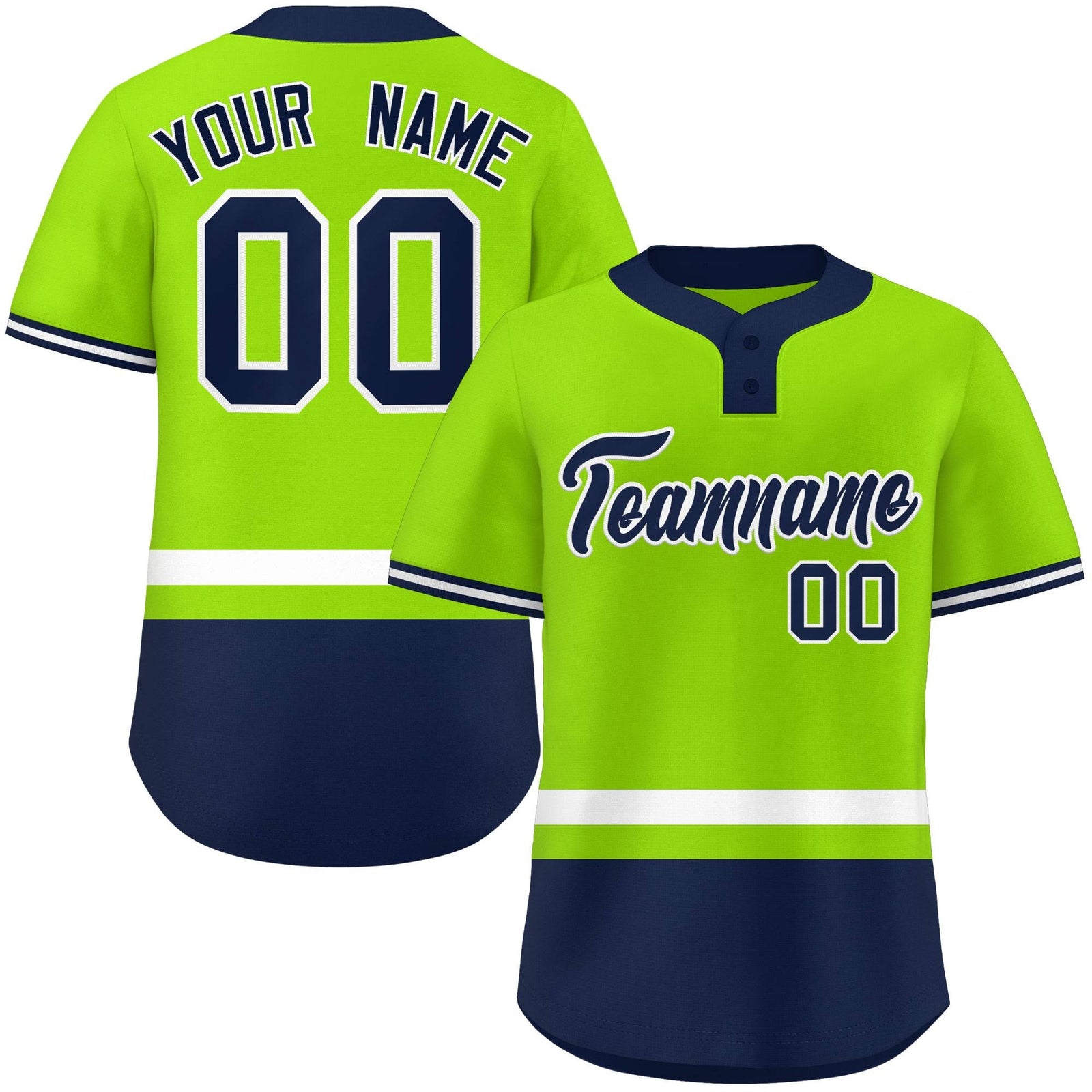 Custom Neon Green White-Navy Color Block Personalized Authentic Two-Button Softball Jersey