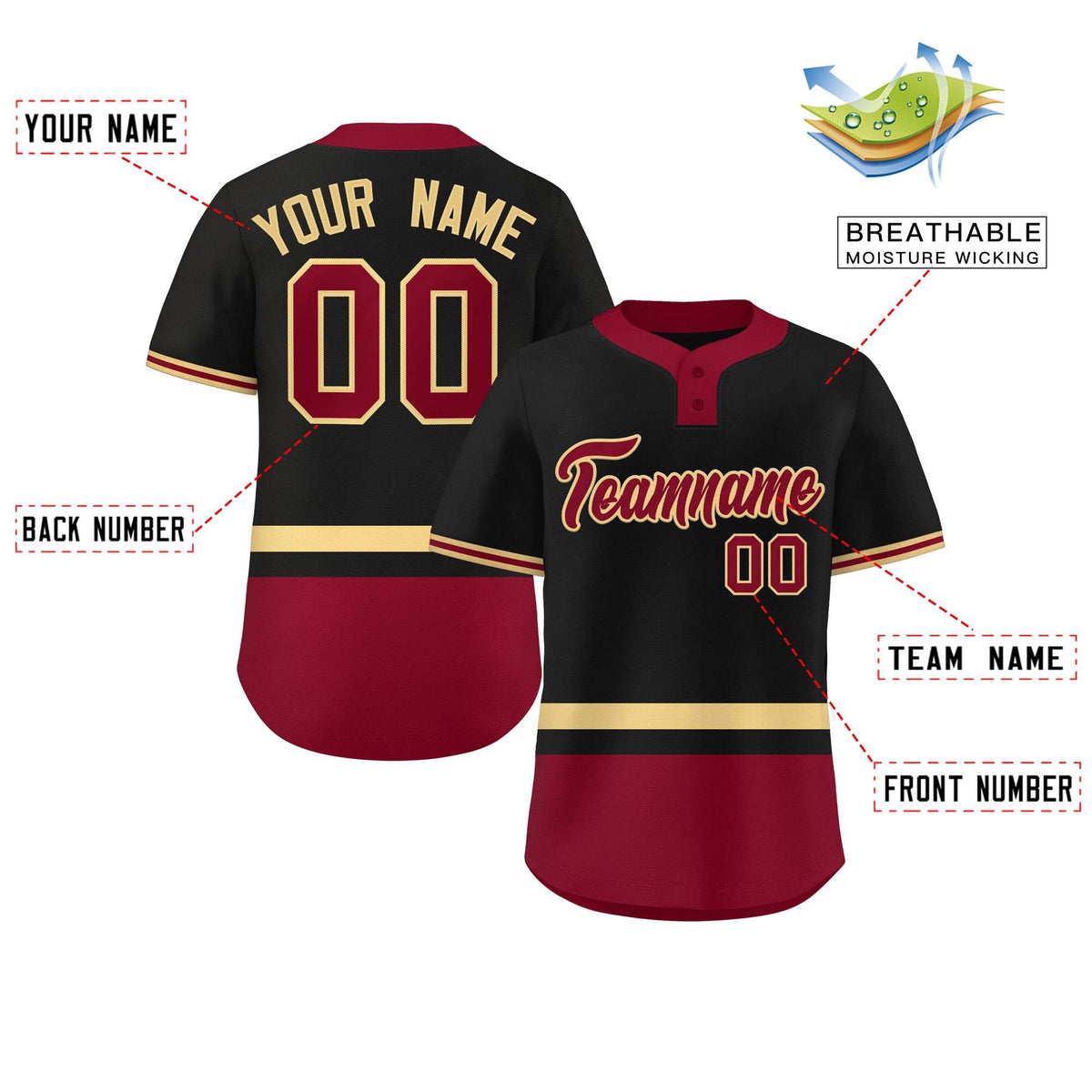 Custom Black Khaki-Crimson Color Block Personalized Authentic Two-Button Softball Jersey