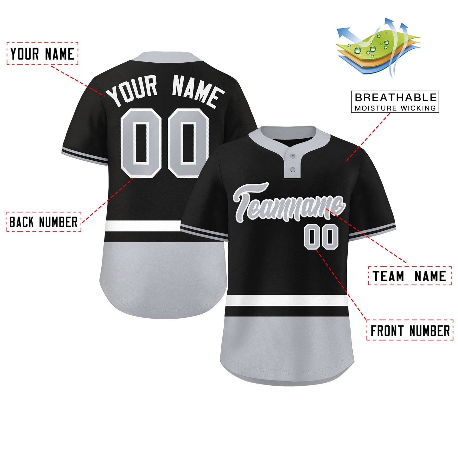 Custom Black White-Gray Color Block Personalized Authentic Two-Button Softball Jersey