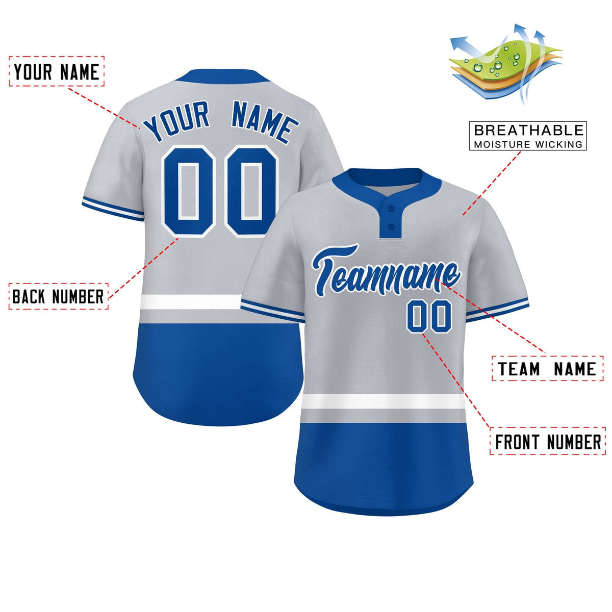 Custom Gray White-Royal Color Block Personalized Authentic Two-Button Softball Jersey