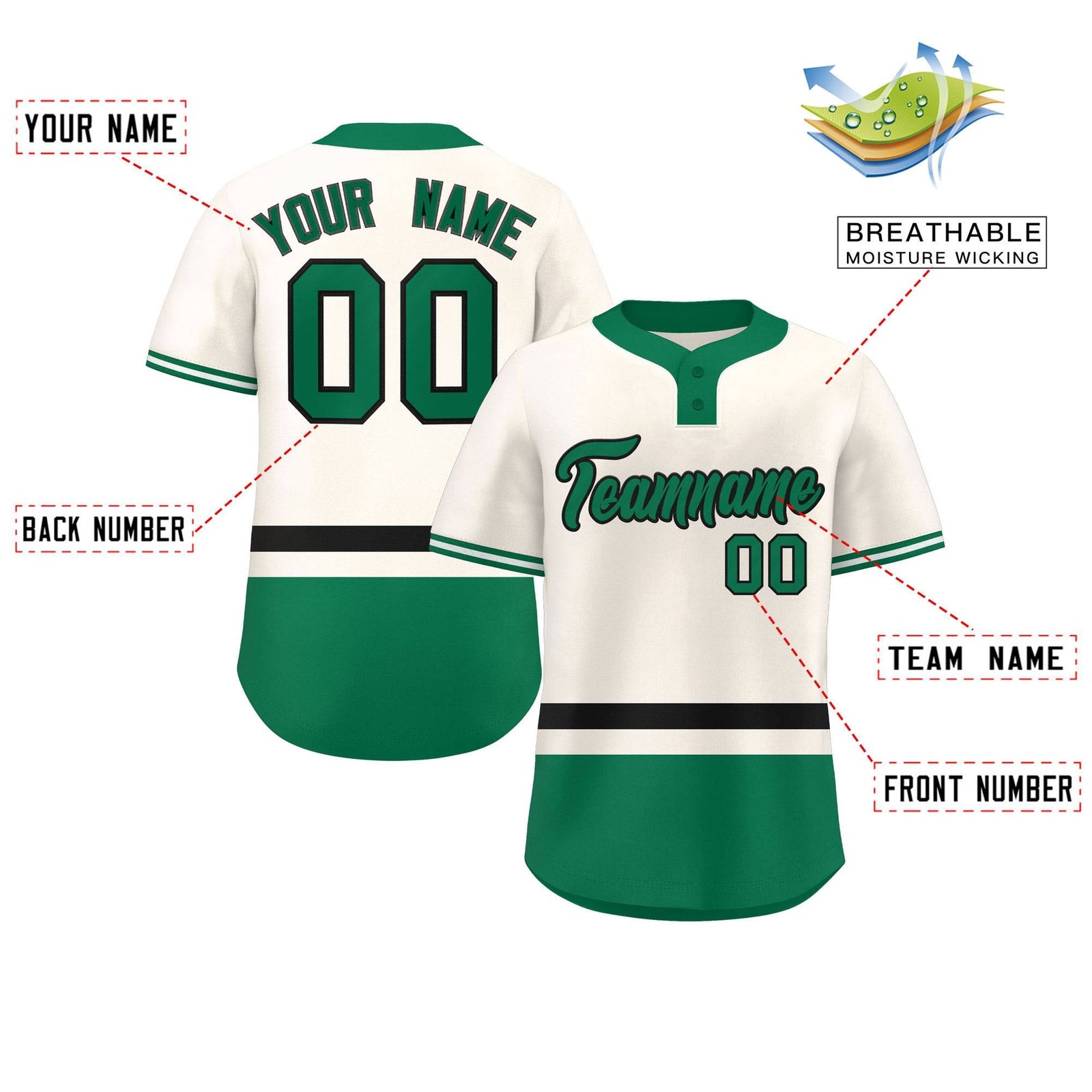 Custom Cream Black-Kelly Green Color Block Personalized Authentic Two-Button Softball Jersey