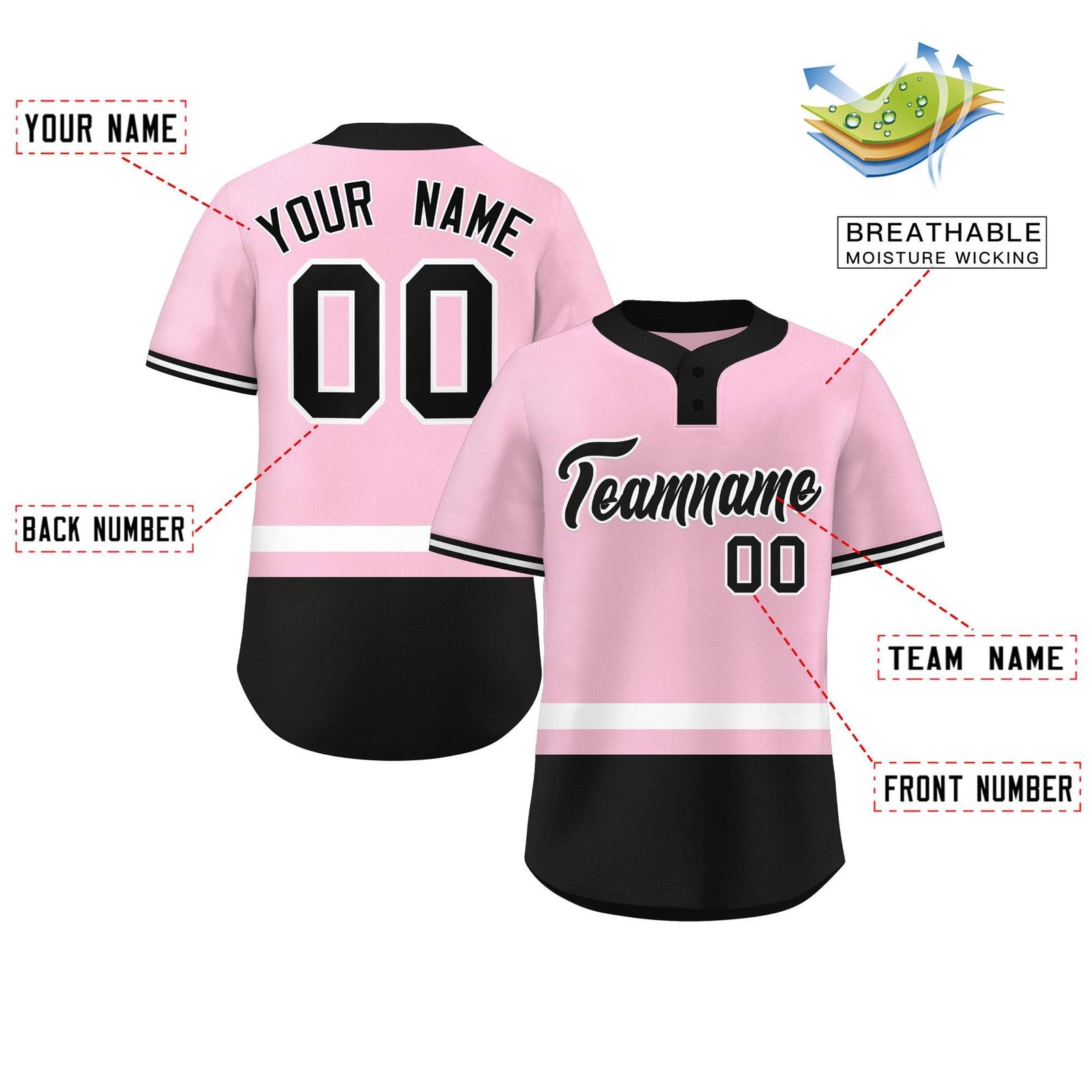 Custom Light Pink White-Black Color Block Personalized Authentic Two-Button Softball Jersey