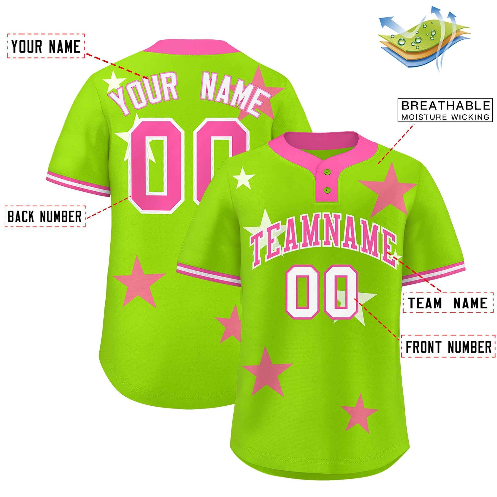Custom Neon Green Pink Personalized Star Graffiti Pattern Authentic Two-Button Baseball Jersey
