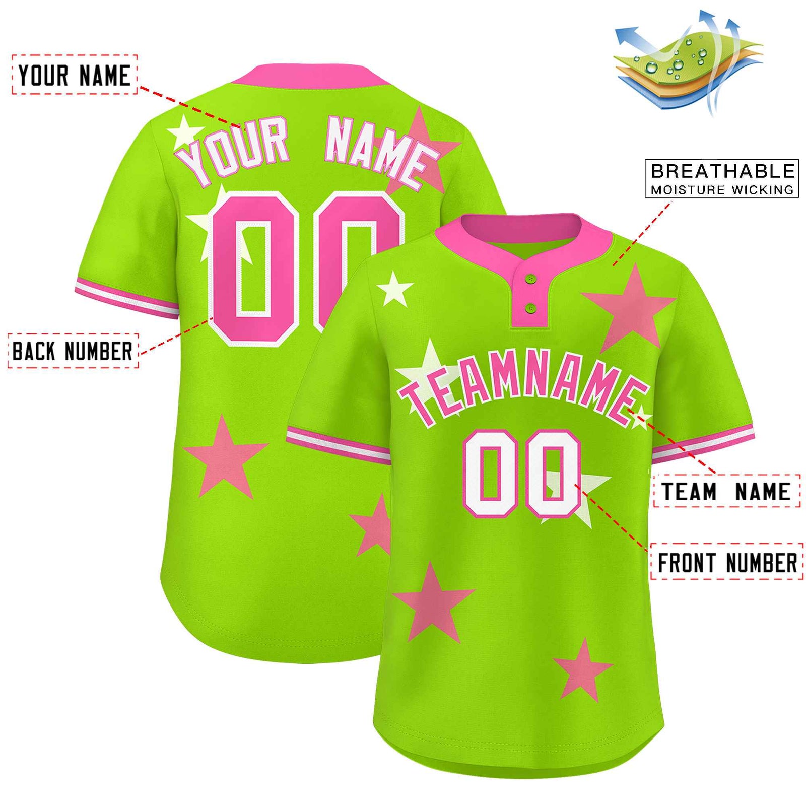 Custom Neon Green Pink Personalized Star Graffiti Pattern Authentic Two-Button Baseball Jersey