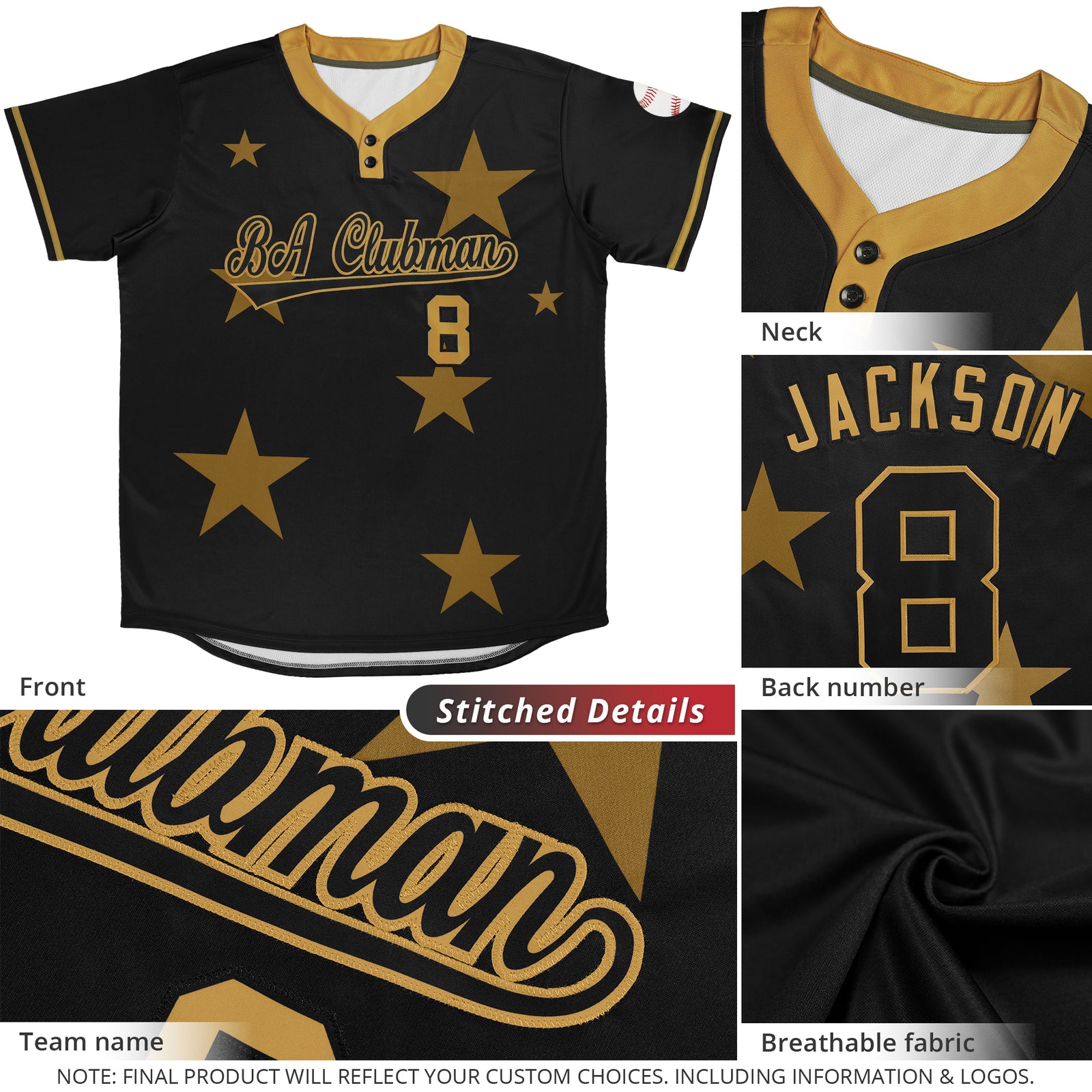 Custom Black Old Gold Personalized Star Graffiti Pattern Authentic Two-Button Baseball Jersey
