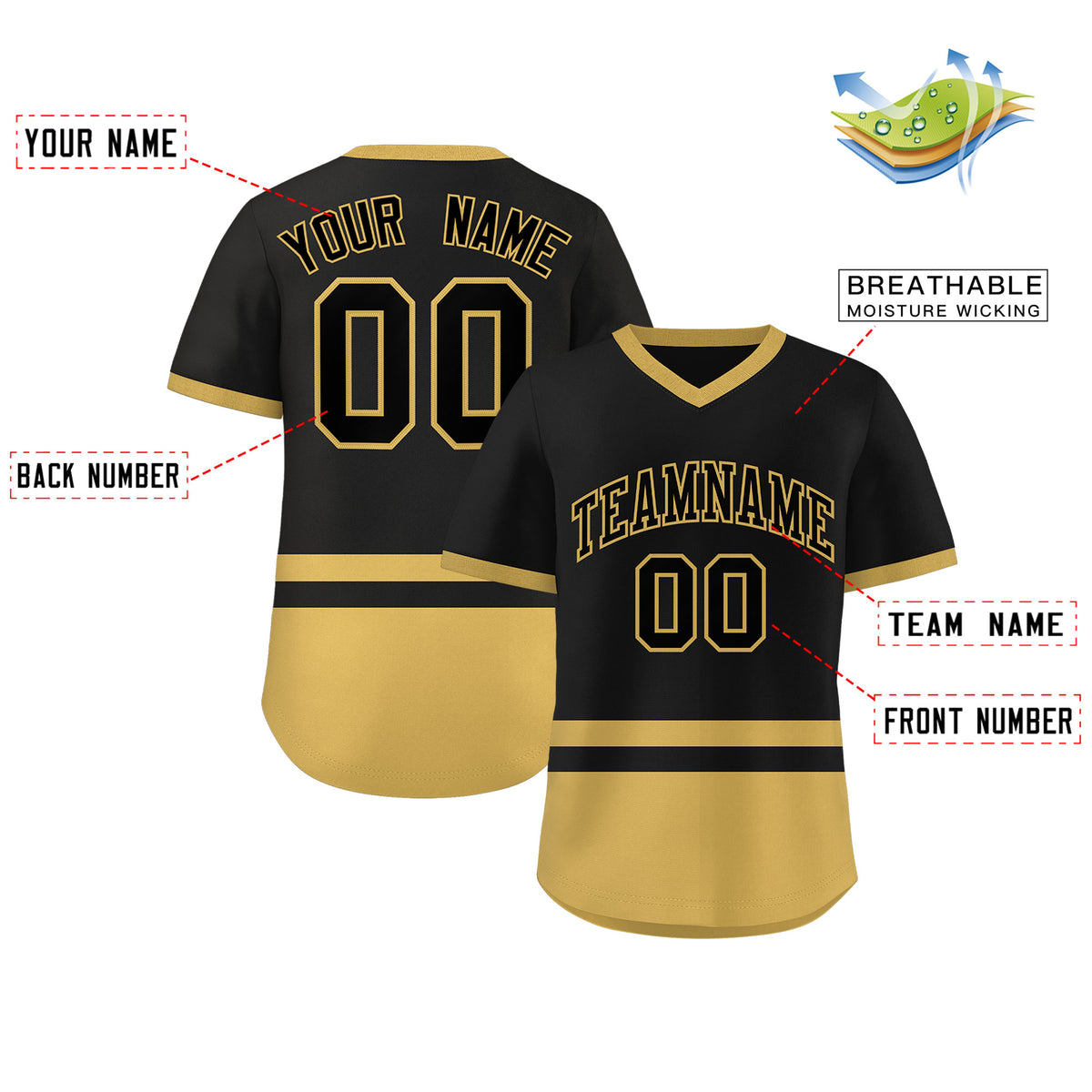 Custom Black Old Gold Color Block Personalized V-Neck Authentic Pullover Baseball Jersey