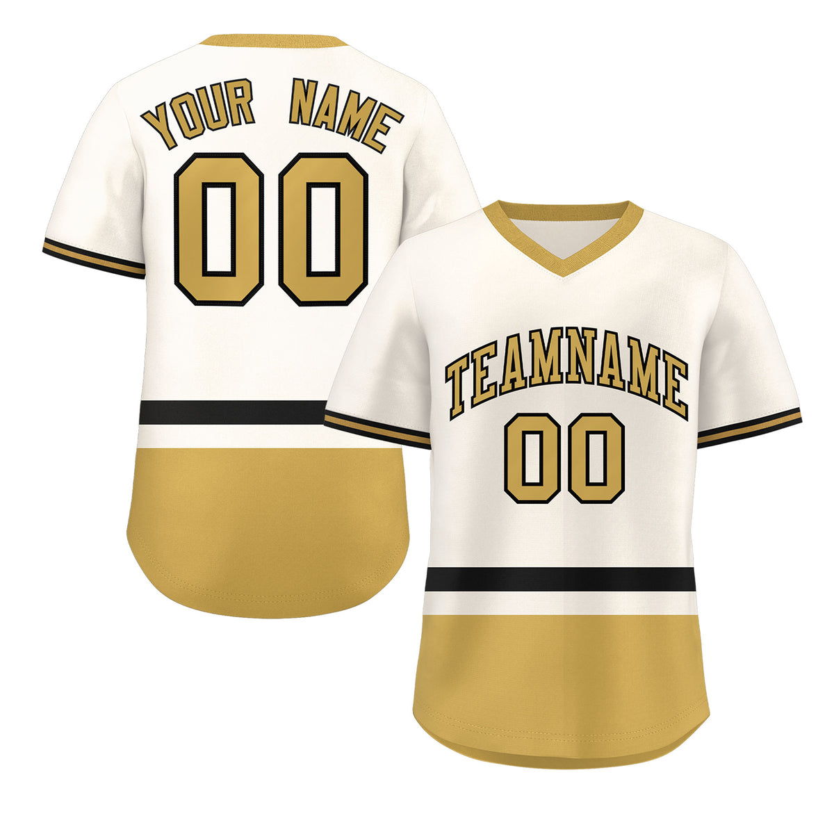 Custom Cream Black-Old Gold Color Block Personalized V-Neck Authentic Pullover Baseball Jersey