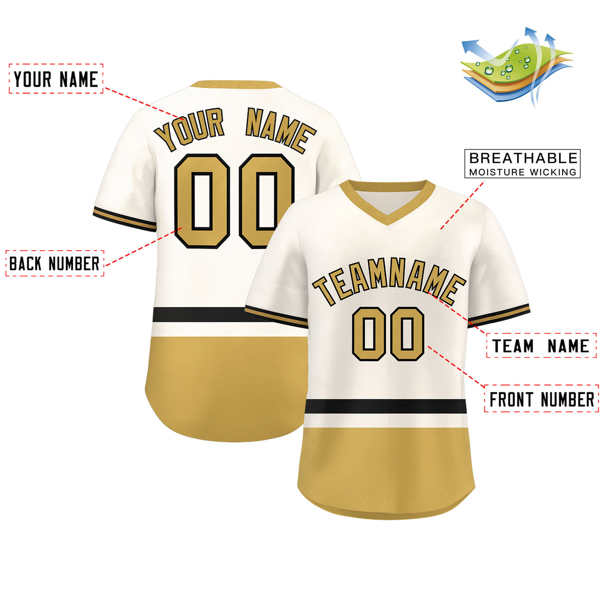 Custom Cream Black-Old Gold Color Block Personalized V-Neck Authentic Pullover Baseball Jersey