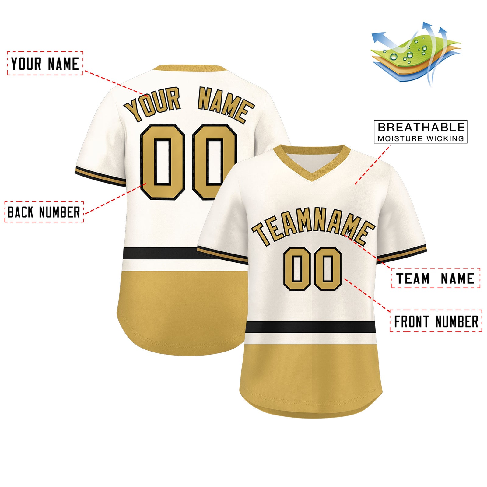 Custom Cream Black-Old Gold Color Block Personalized V-Neck Authentic Pullover Baseball Jersey