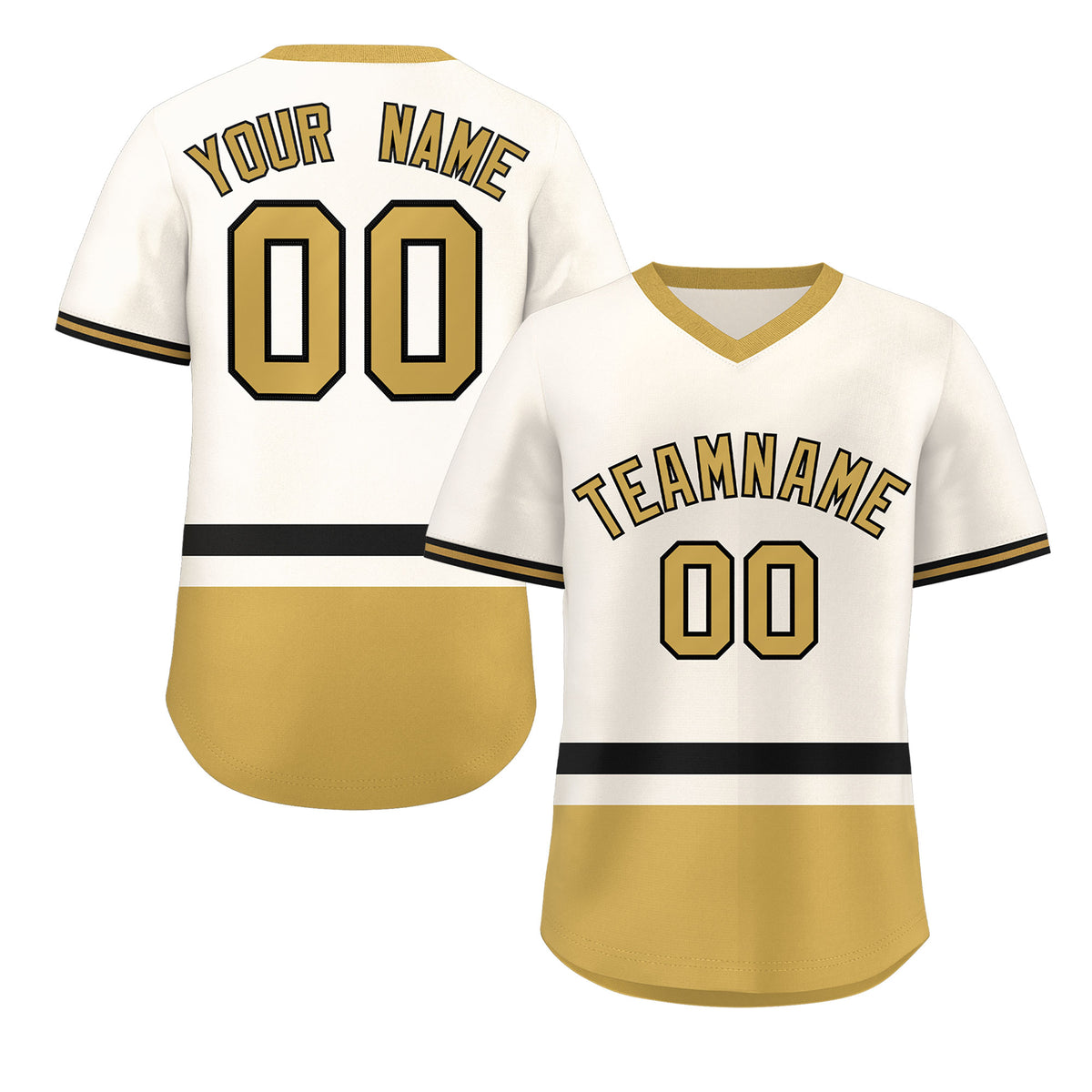 Custom Cream Black-Old Gold Color Block Personalized V-Neck Authentic Pullover Baseball Jersey