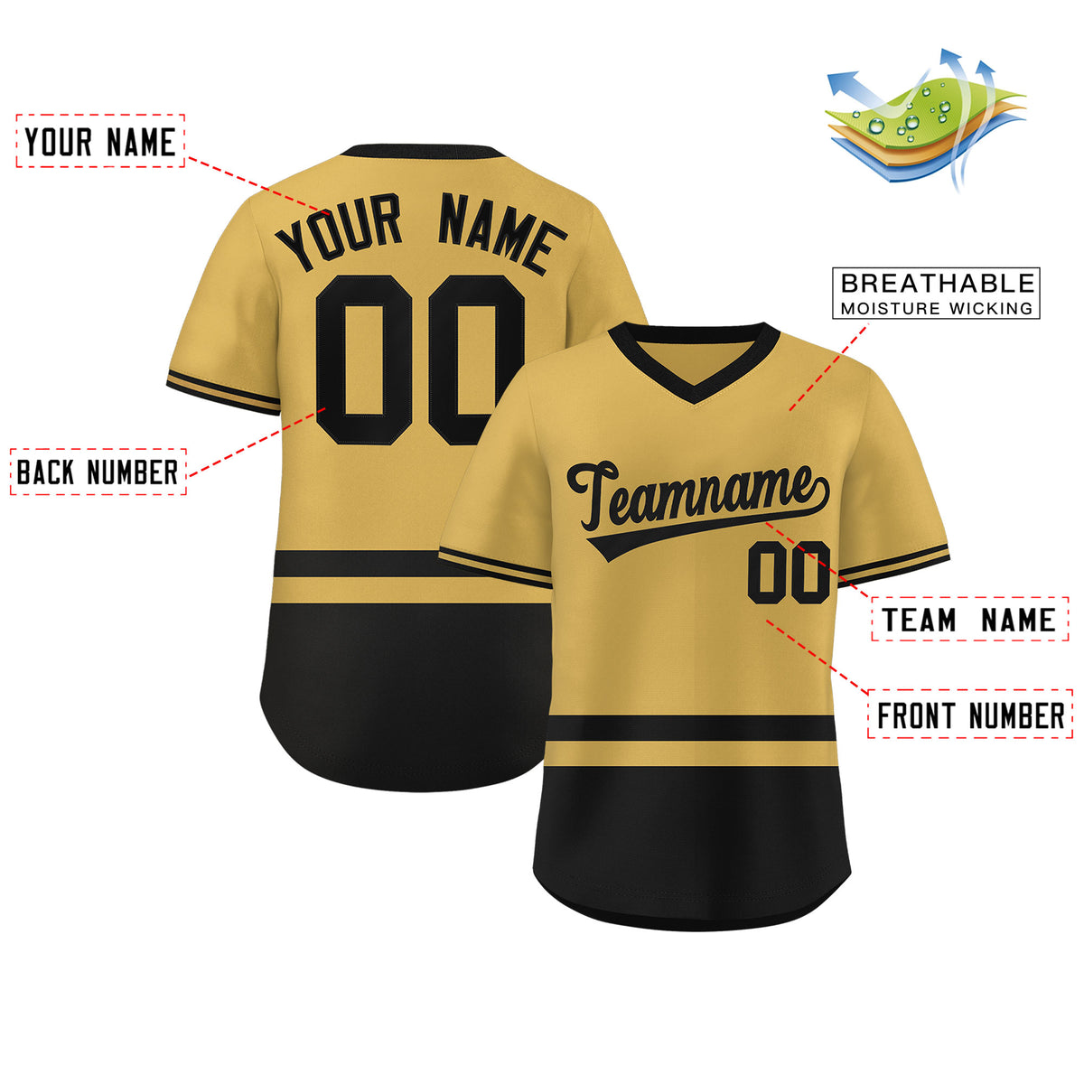 Custom Gold Black Color Block Personalized V-Neck Authentic Pullover Baseball Jersey
