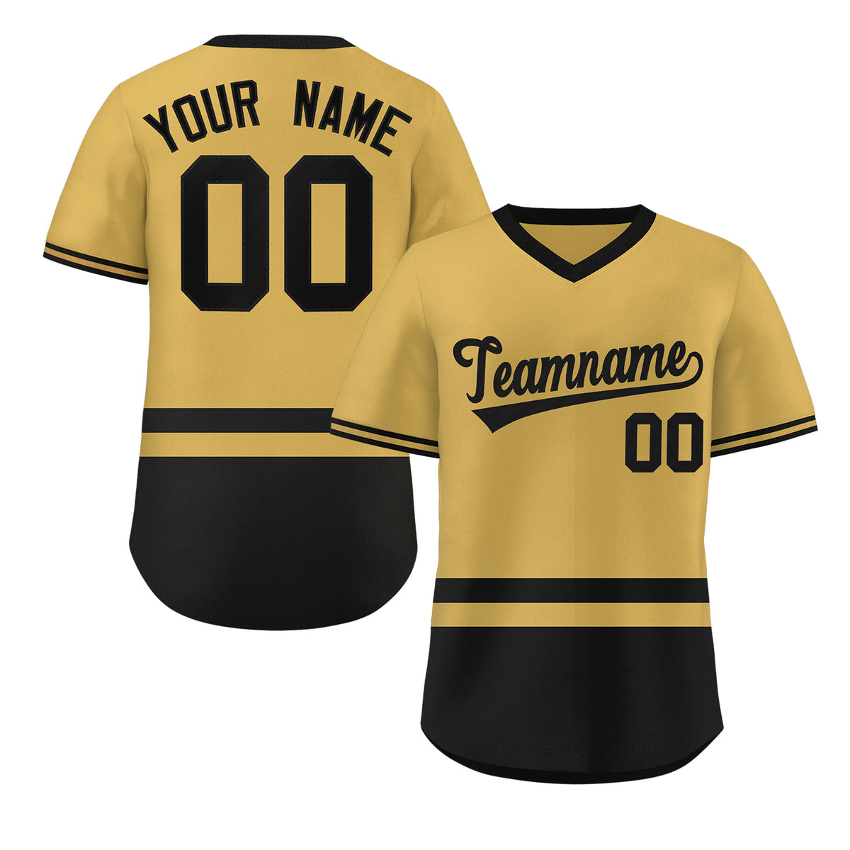 Custom Gold Black Color Block Personalized V-Neck Authentic Pullover Baseball Jersey
