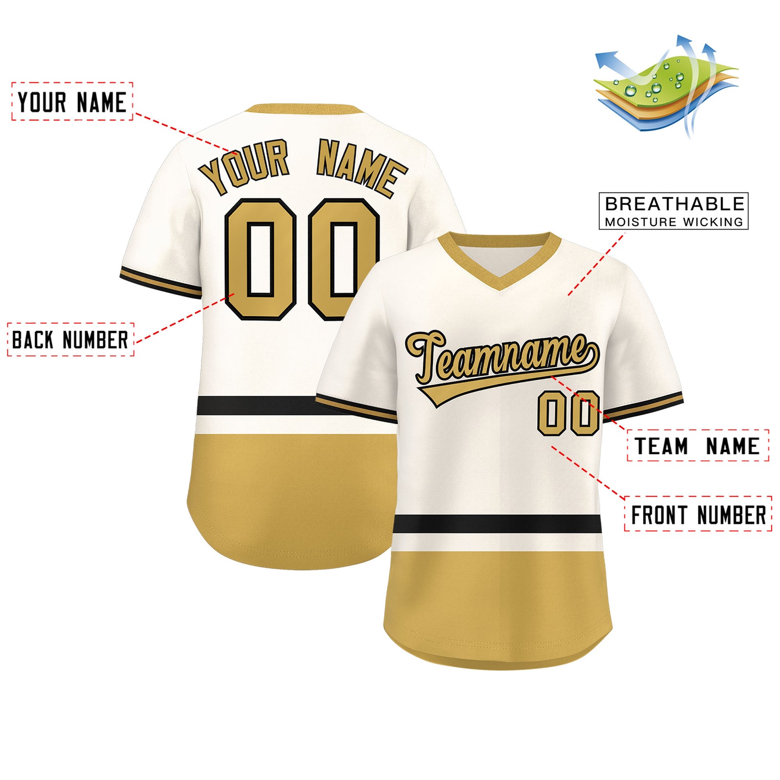 Custom Cream Black-Old Gold Color Block Personalized V-Neck Authentic Pullover Baseball Jersey