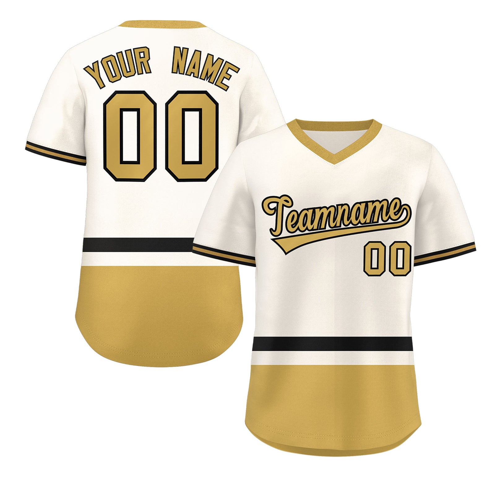 Custom Cream Black-Old Gold Color Block Personalized V-Neck Authentic Pullover Baseball Jersey