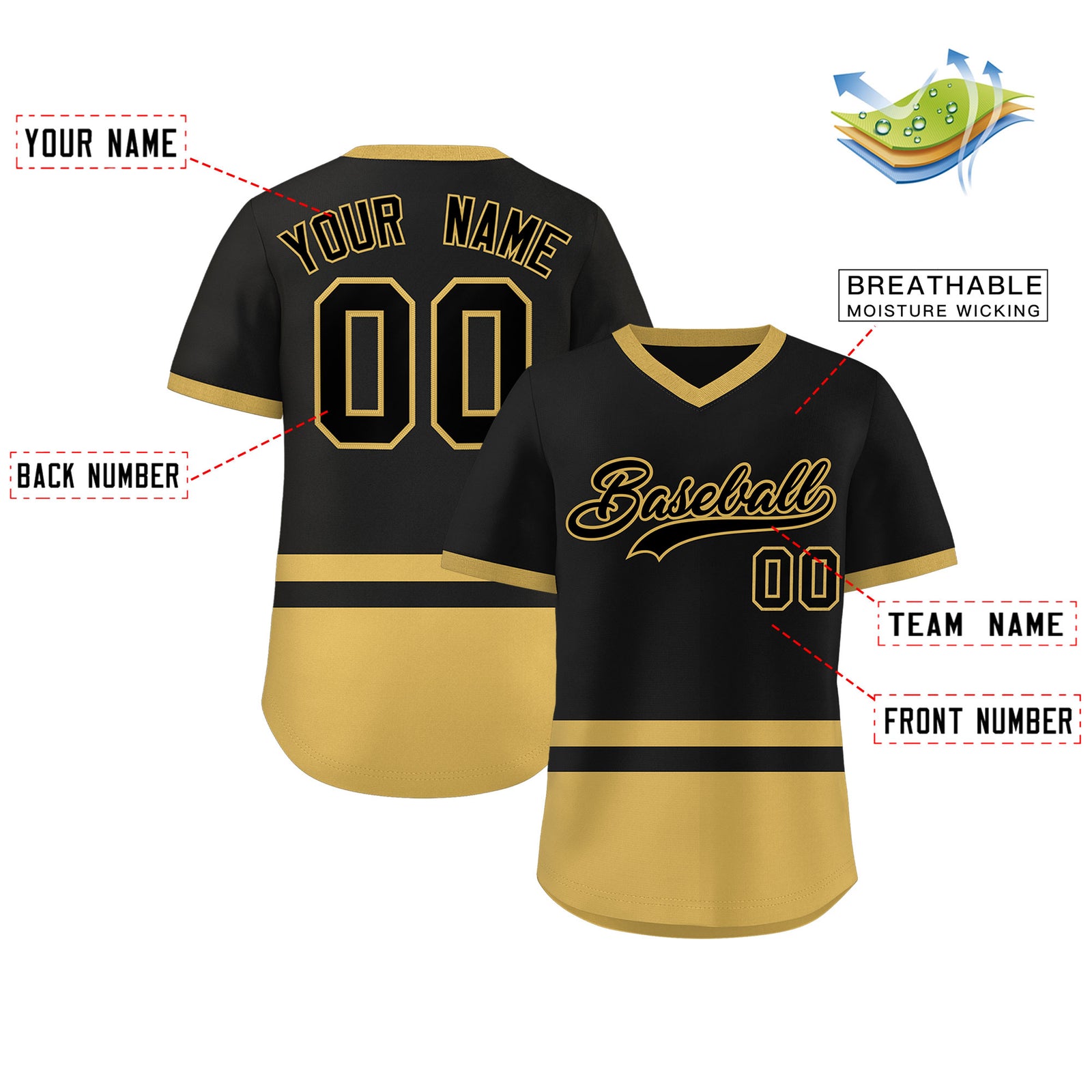 Custom Black Old Gold Color Block Personalized V-Neck Authentic Pullover Baseball Jersey