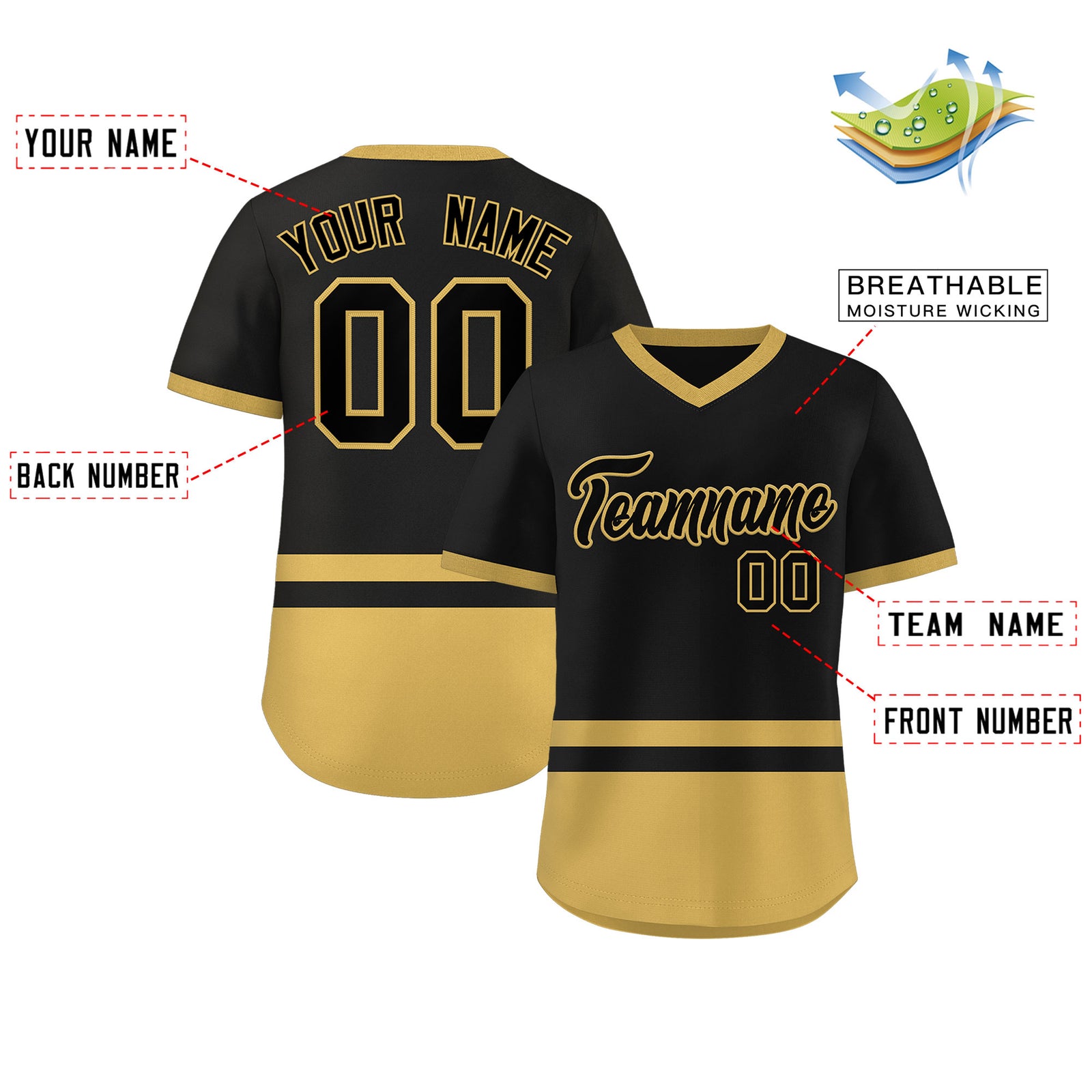 Custom Black Old Gold Color Block Personalized V-Neck Authentic Pullover Baseball Jersey