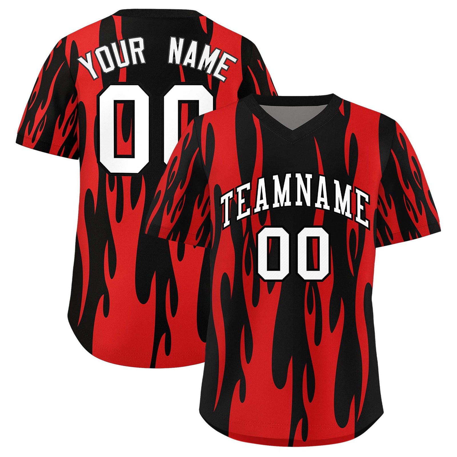 Custom Black Red Flame Pattern Authentic Pullover Baseball Jersey