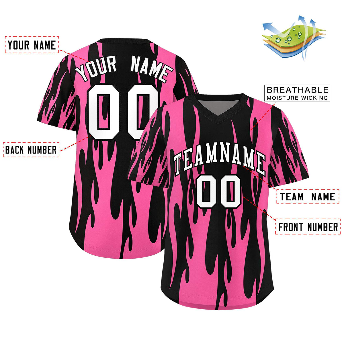Custom Black Pink Flame Pattern Authentic Pullover Baseball Jersey