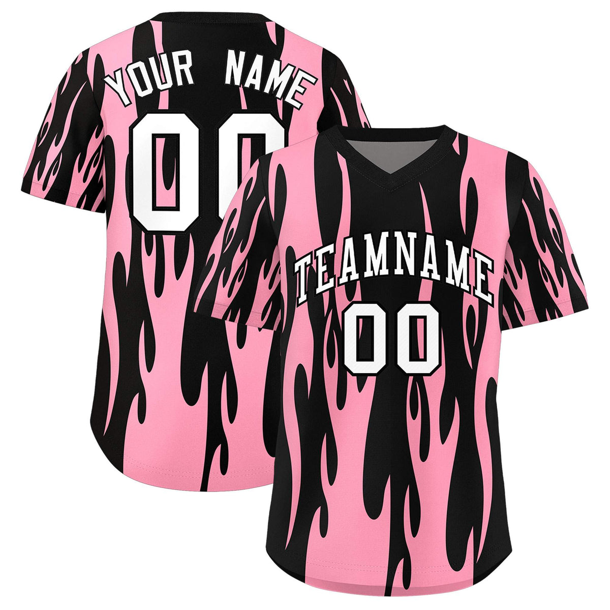 Custom Black Light Pink Flame Pattern Authentic Pullover Baseball Jersey