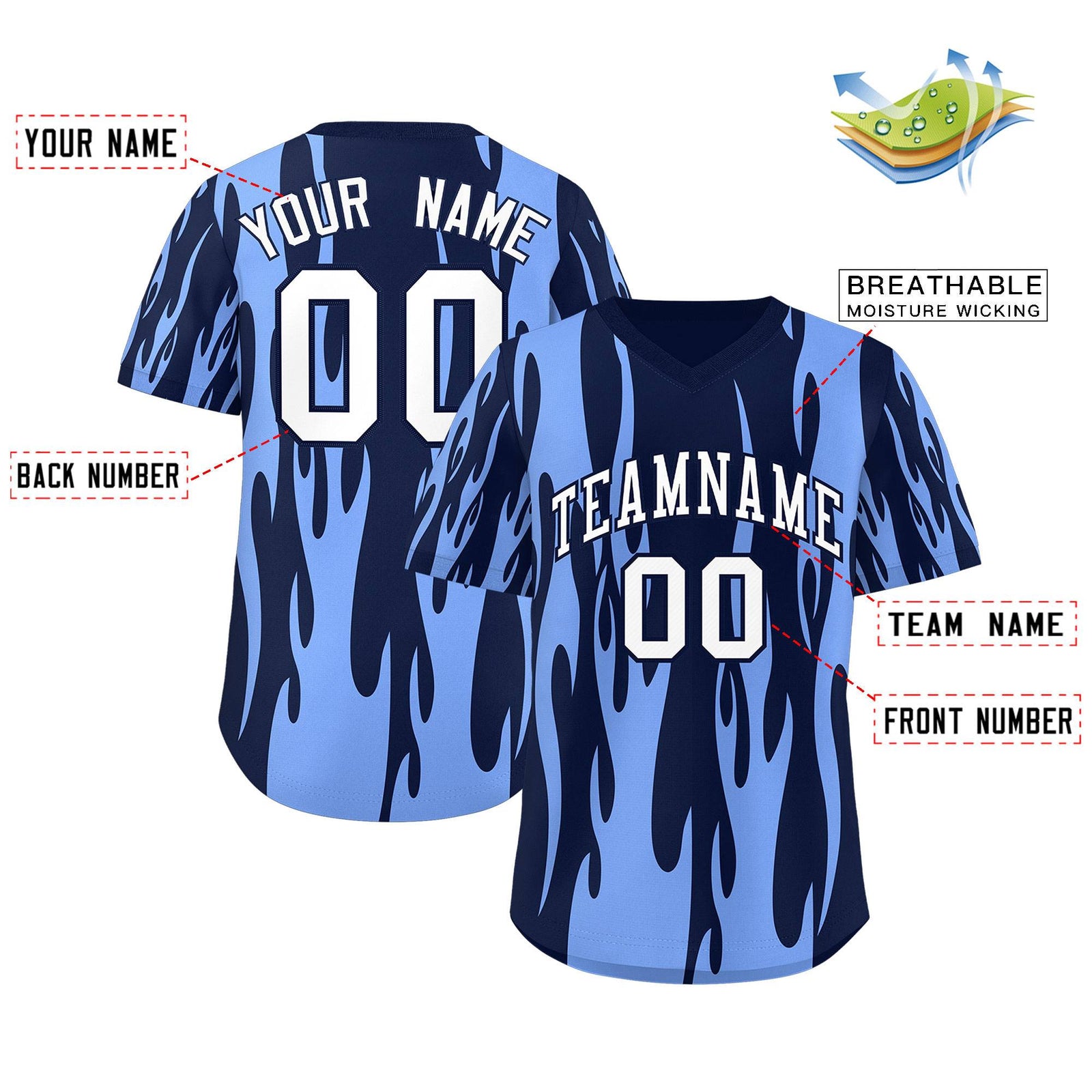 Custom Navy Light Blue Flame Pattern Authentic Pullover Baseball Jersey