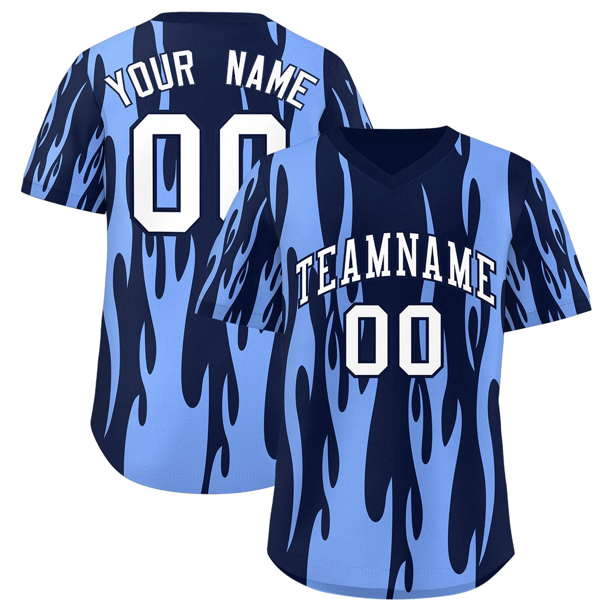 Custom Navy Light Blue Flame Pattern Authentic Pullover Baseball Jersey