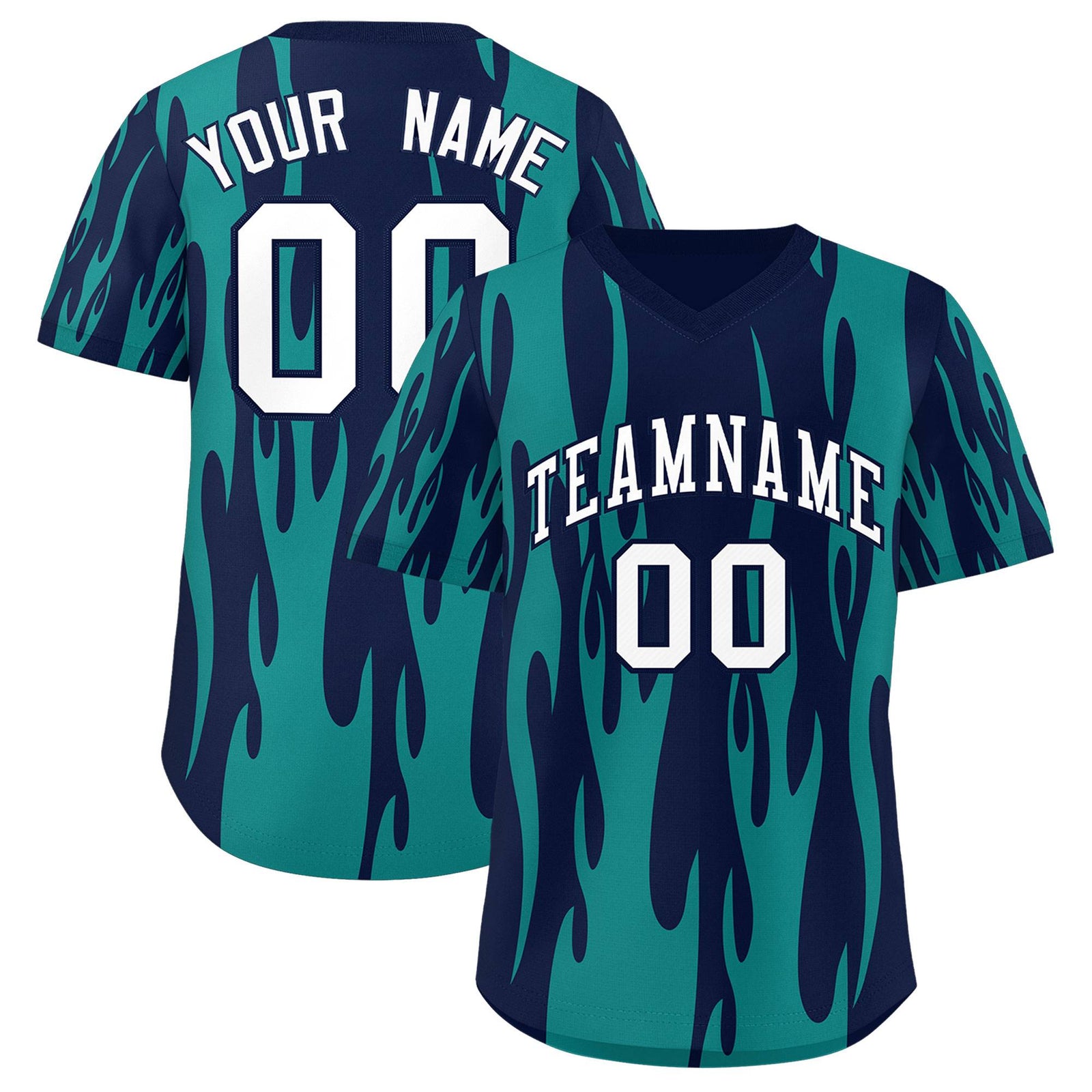 Custom Navy Aqua Flame Pattern Authentic Pullover Baseball Jersey
