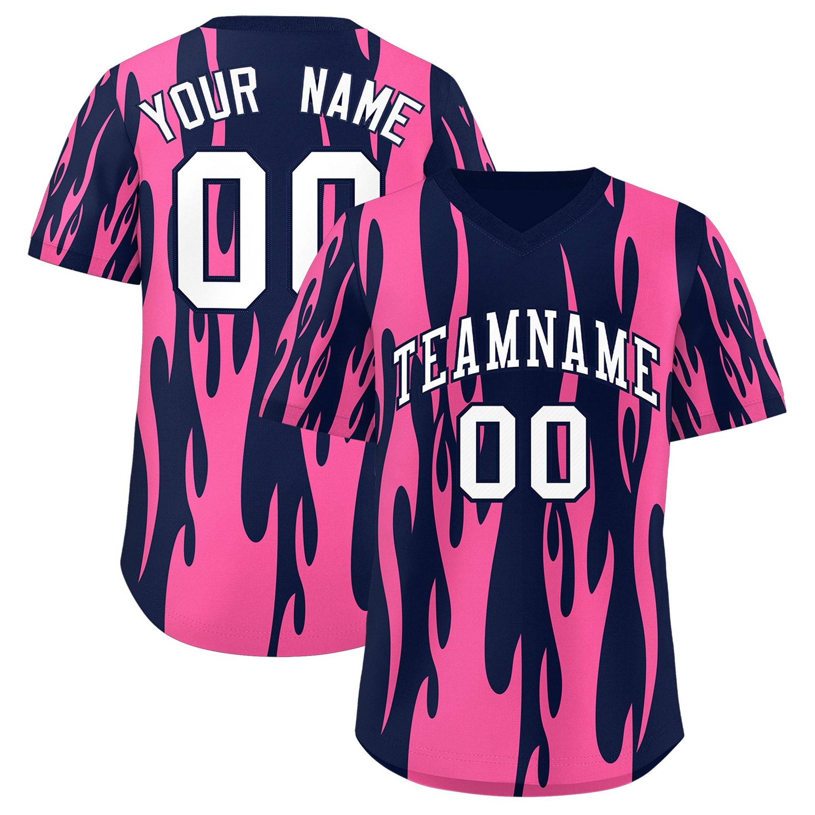 Custom Navy Pink Flame Pattern Authentic Pullover Baseball Jersey