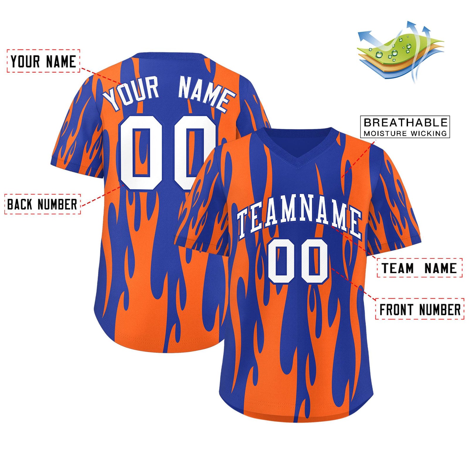 Custom Royal Orange Flame Pattern Authentic Pullover Baseball Jersey