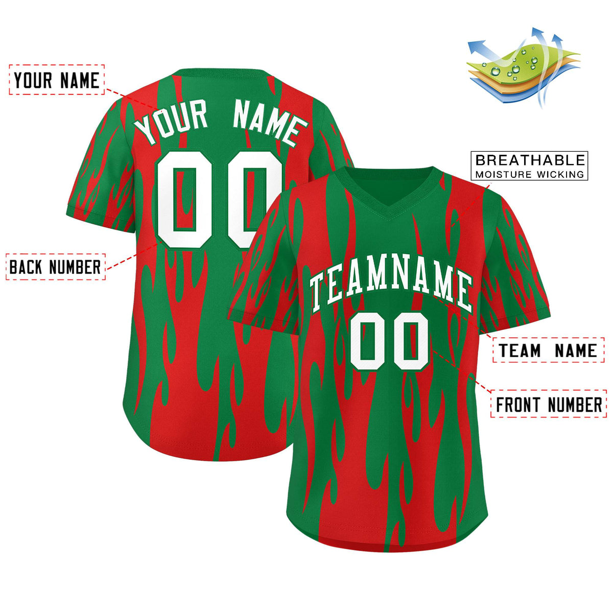 Custom Kelly Green Red Flame Pattern Authentic Pullover Baseball Jersey