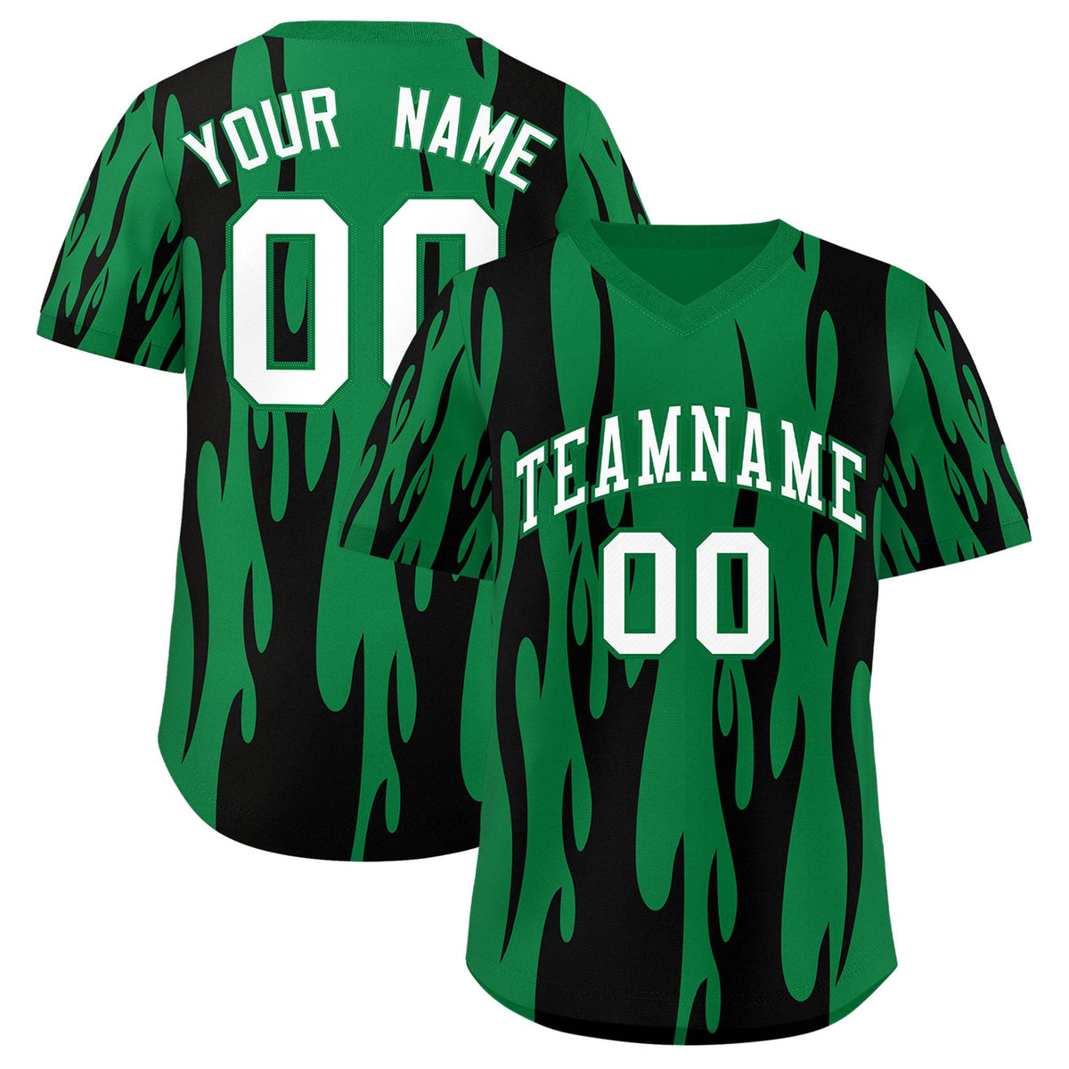 Custom Kelly Green Black Flame Pattern Authentic Pullover Baseball Jersey