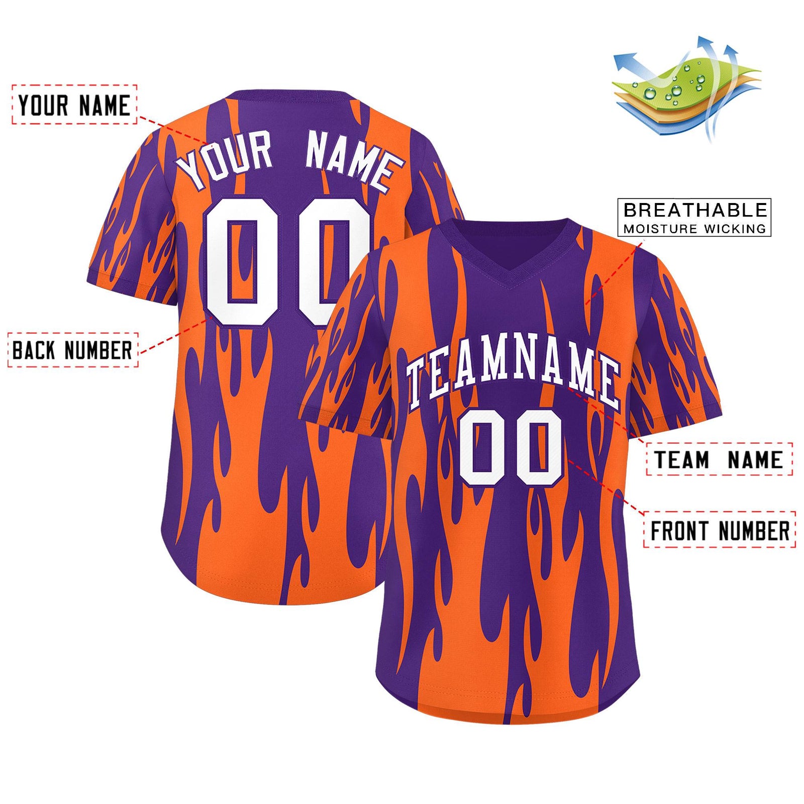 Custom Purple Orange Flame Pattern Authentic Pullover Baseball Jersey
