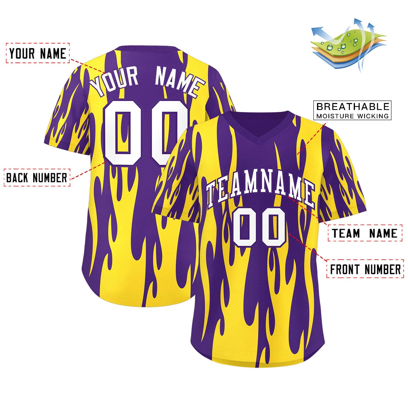 Custom Purple Gold Flame Pattern Authentic Pullover Baseball Jersey