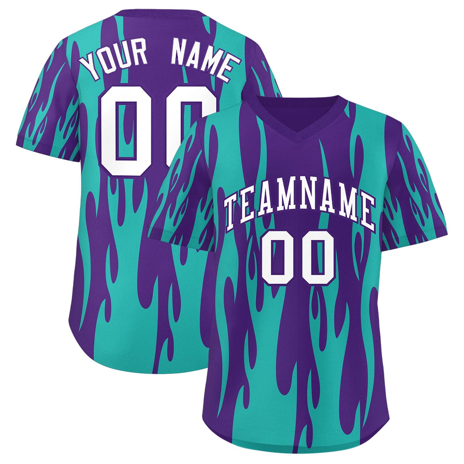 Custom Purple Aqua Flame Pattern Authentic Pullover Baseball Jersey