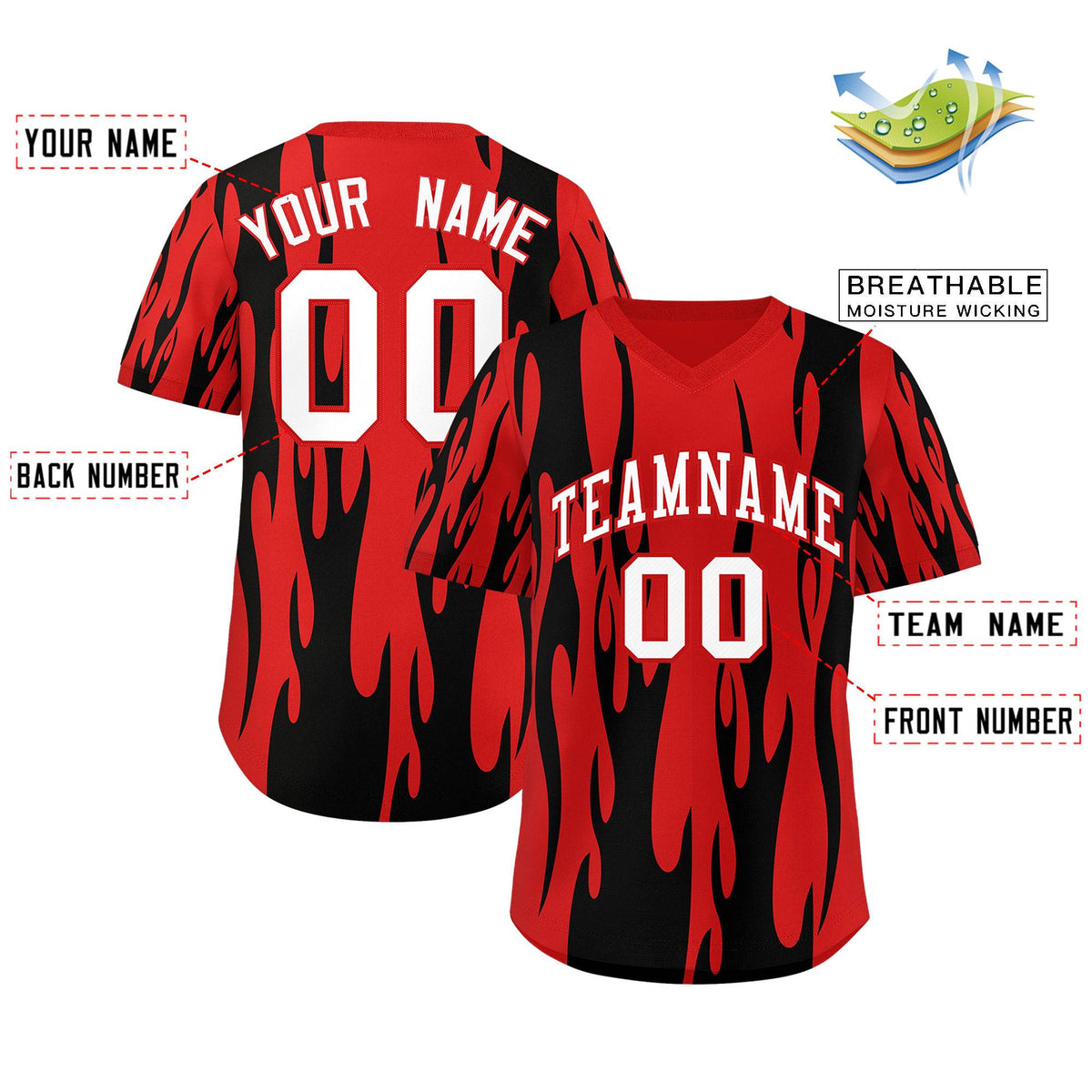 Custom Red Black Flame Pattern Authentic Pullover Baseball Jersey
