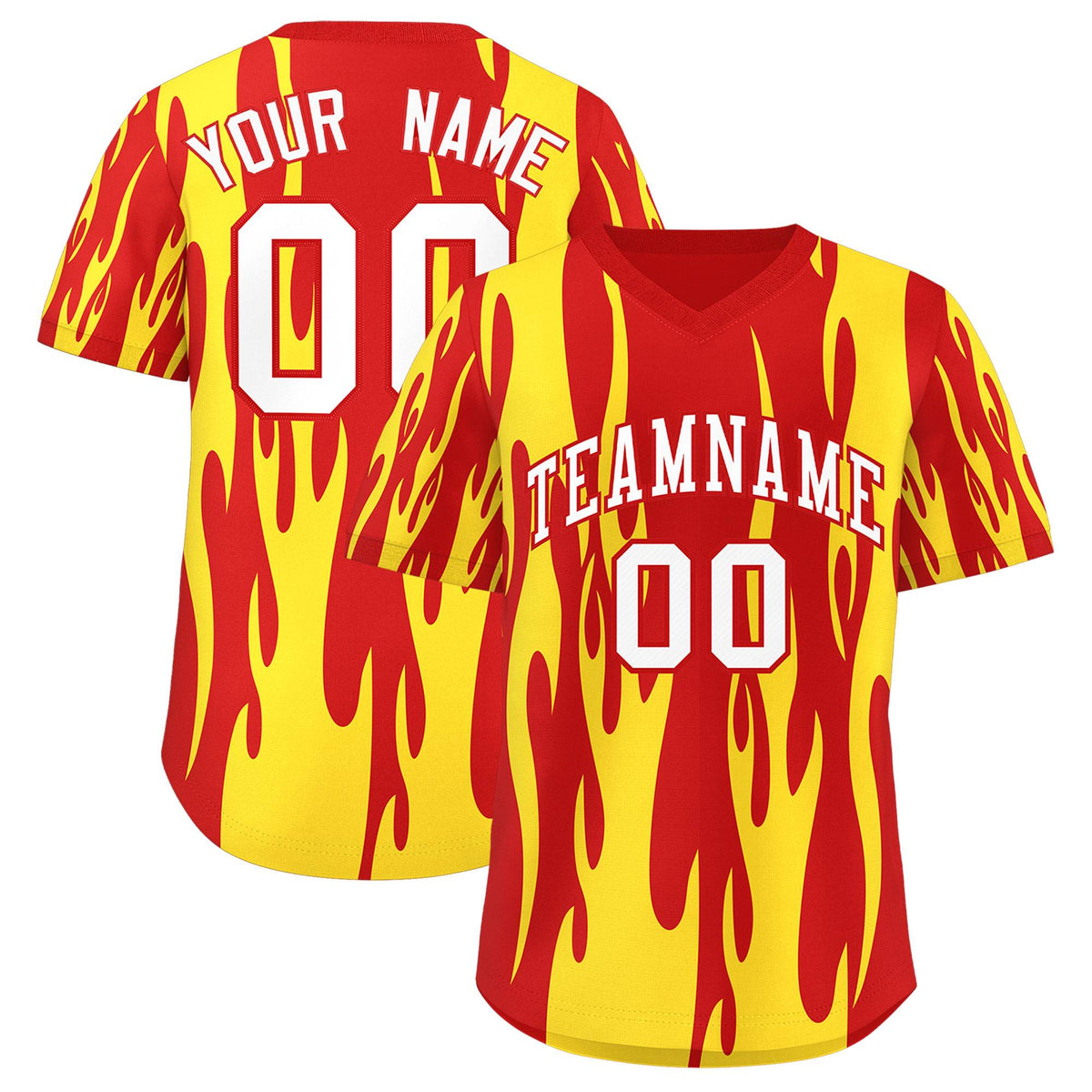Custom Red Gold Flame Pattern Authentic Pullover Baseball Jersey
