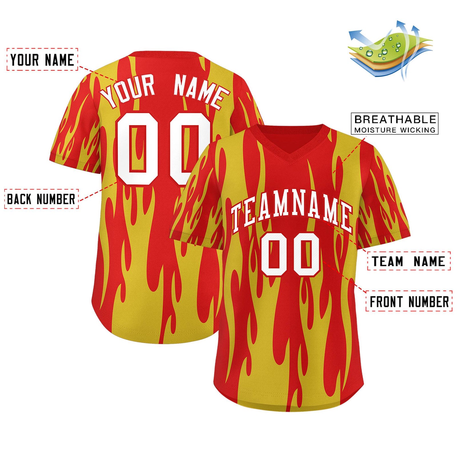 Custom Red Gold Flame Pattern Authentic Pullover Baseball Jersey