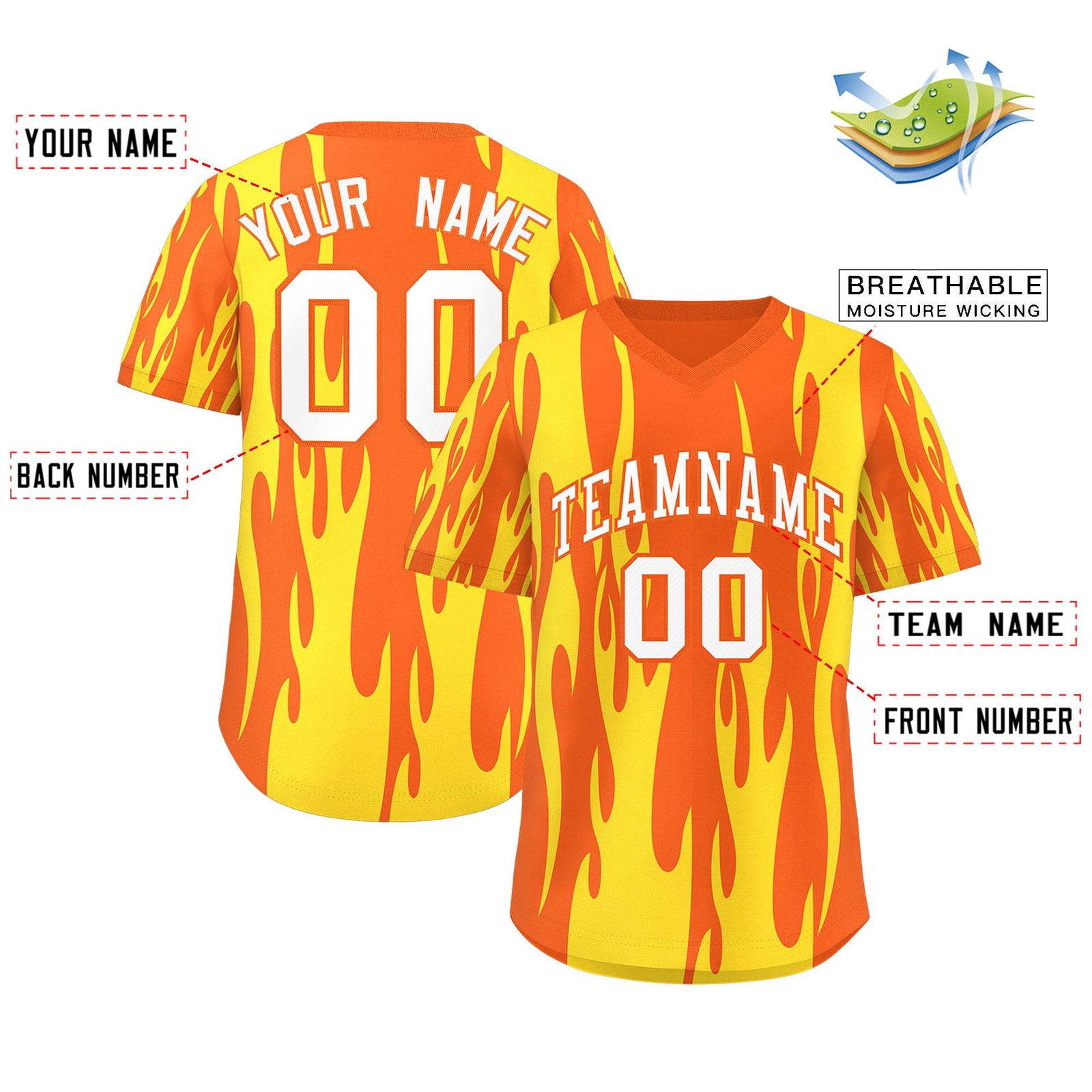 Custom Orange Gold Flame Pattern Authentic Pullover Baseball Jersey