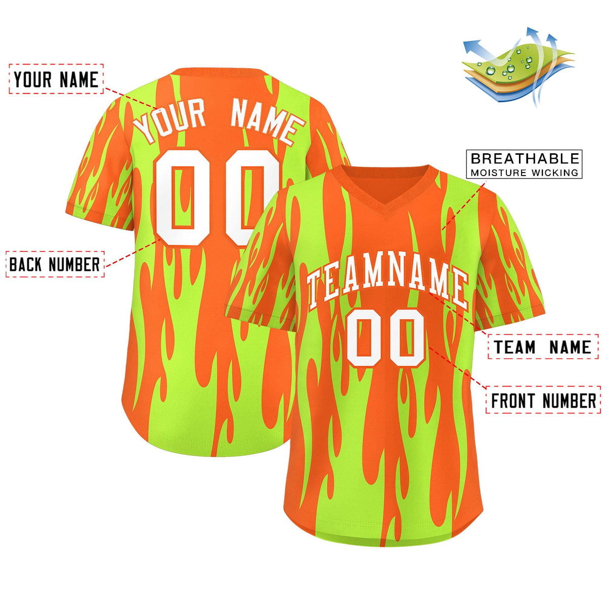 Custom Orange Neon Green Flame Pattern Authentic Pullover Baseball Jersey