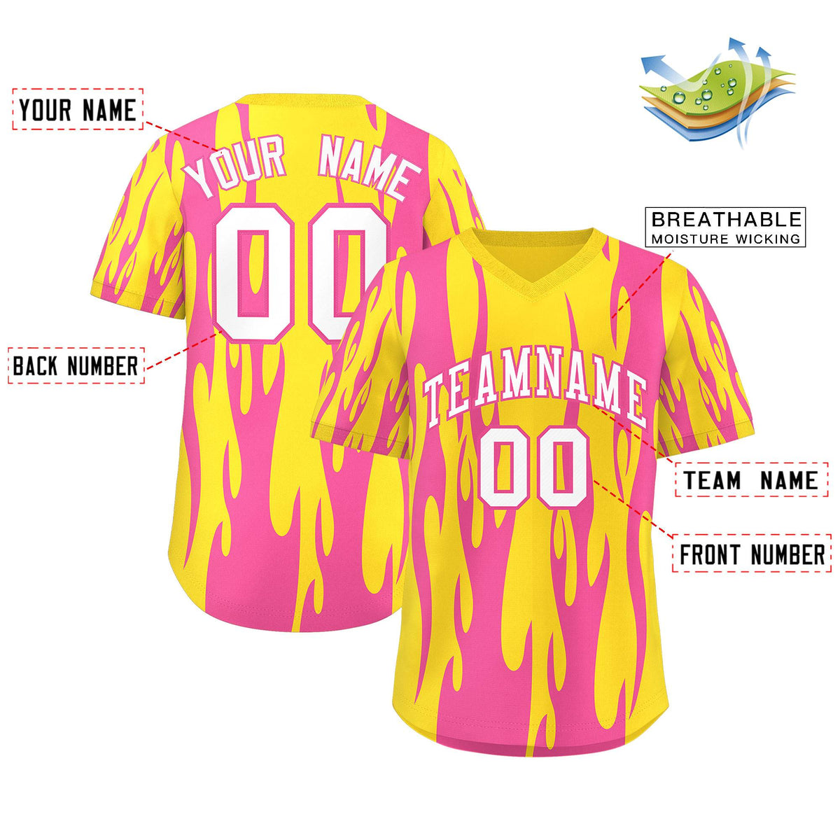 Custom Gold Pink Flame Pattern Authentic Pullover Baseball Jersey
