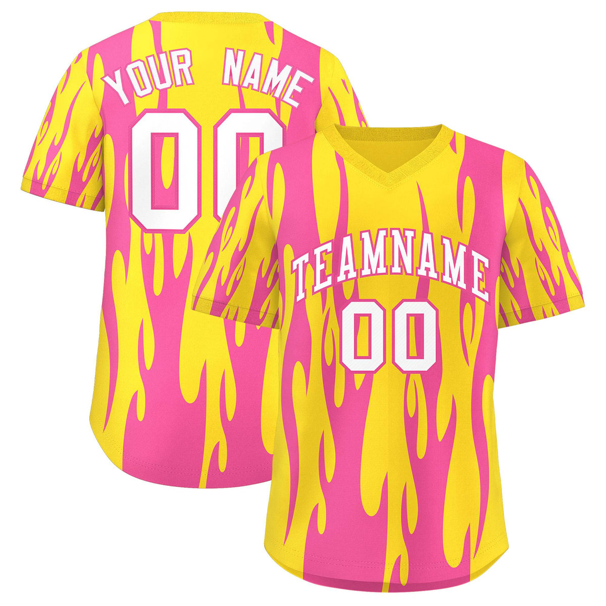 Custom Gold Pink Flame Pattern Authentic Pullover Baseball Jersey