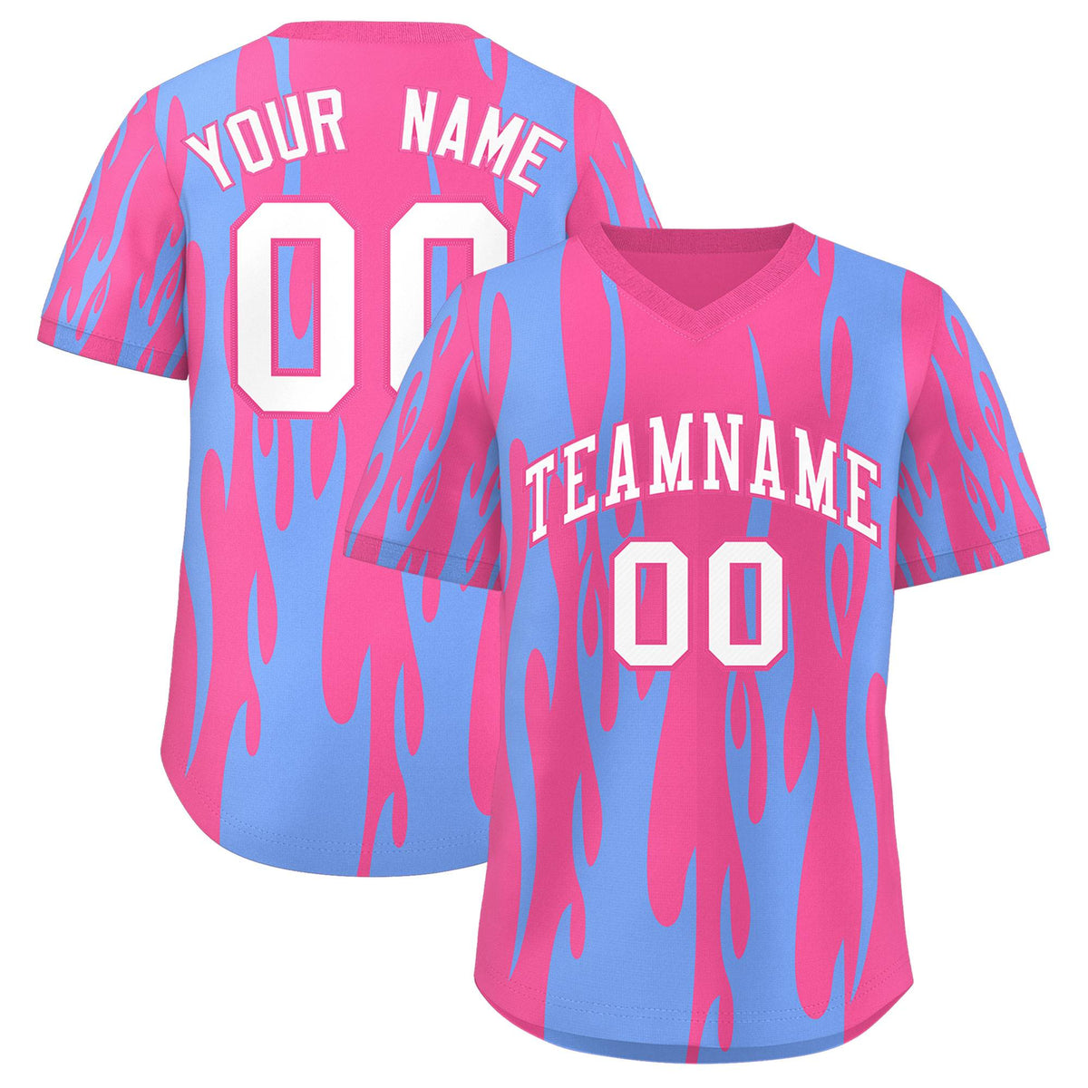 Custom Pink Light Blue Flame Pattern Authentic Pullover Baseball Jersey