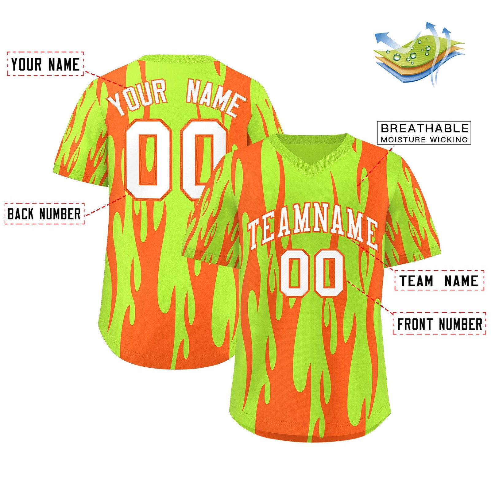 Custom Neon Green Orange Flame Pattern Authentic Pullover Baseball Jersey