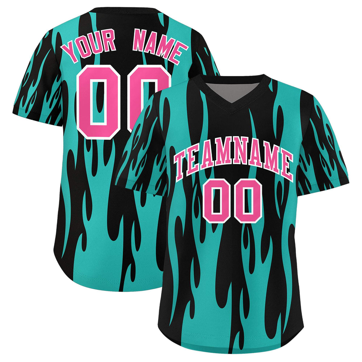 Custom Black Aqua Flame Pattern Authentic Pullover Baseball Jersey