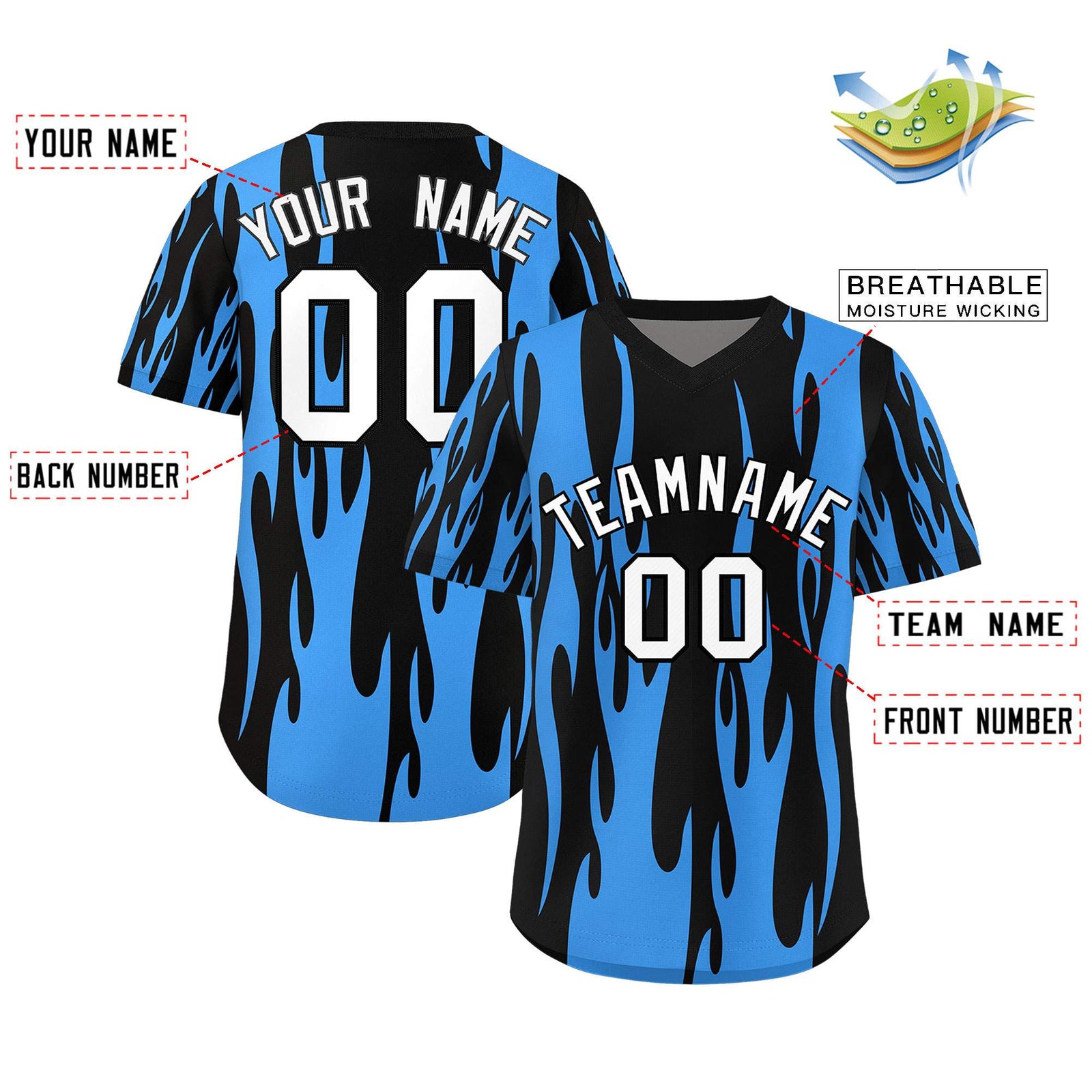 Custom Black Powder Blue Flame Pattern Authentic Pullover Baseball Jersey