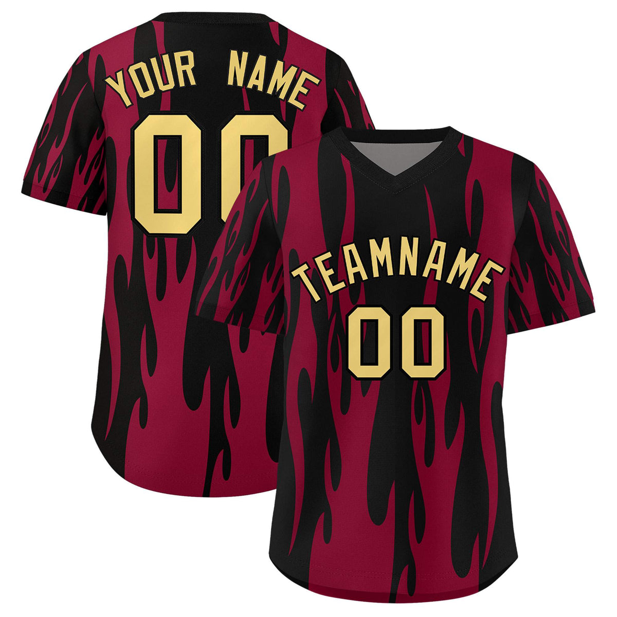 Custom Black Crimson Flame Pattern Authentic Pullover Baseball Jersey