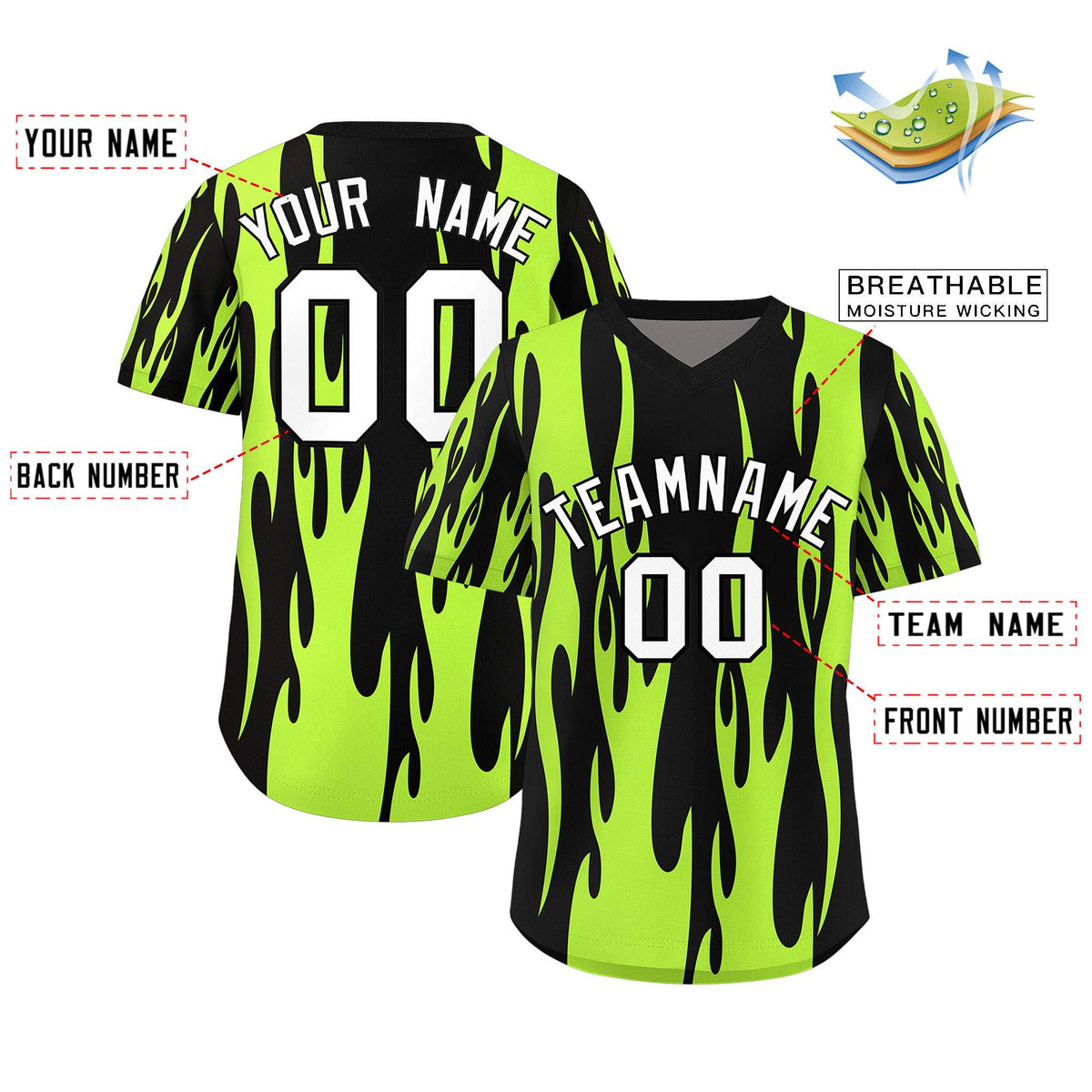 Custom Black Neon Green Flame Pattern Authentic Pullover Baseball Jersey