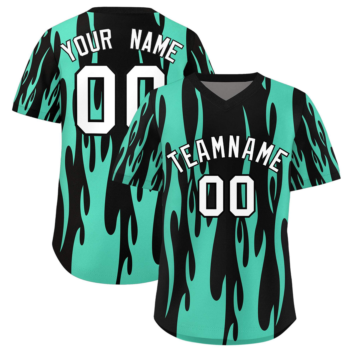 Custom Black Bright Green Flame Pattern Authentic Pullover Baseball Jersey