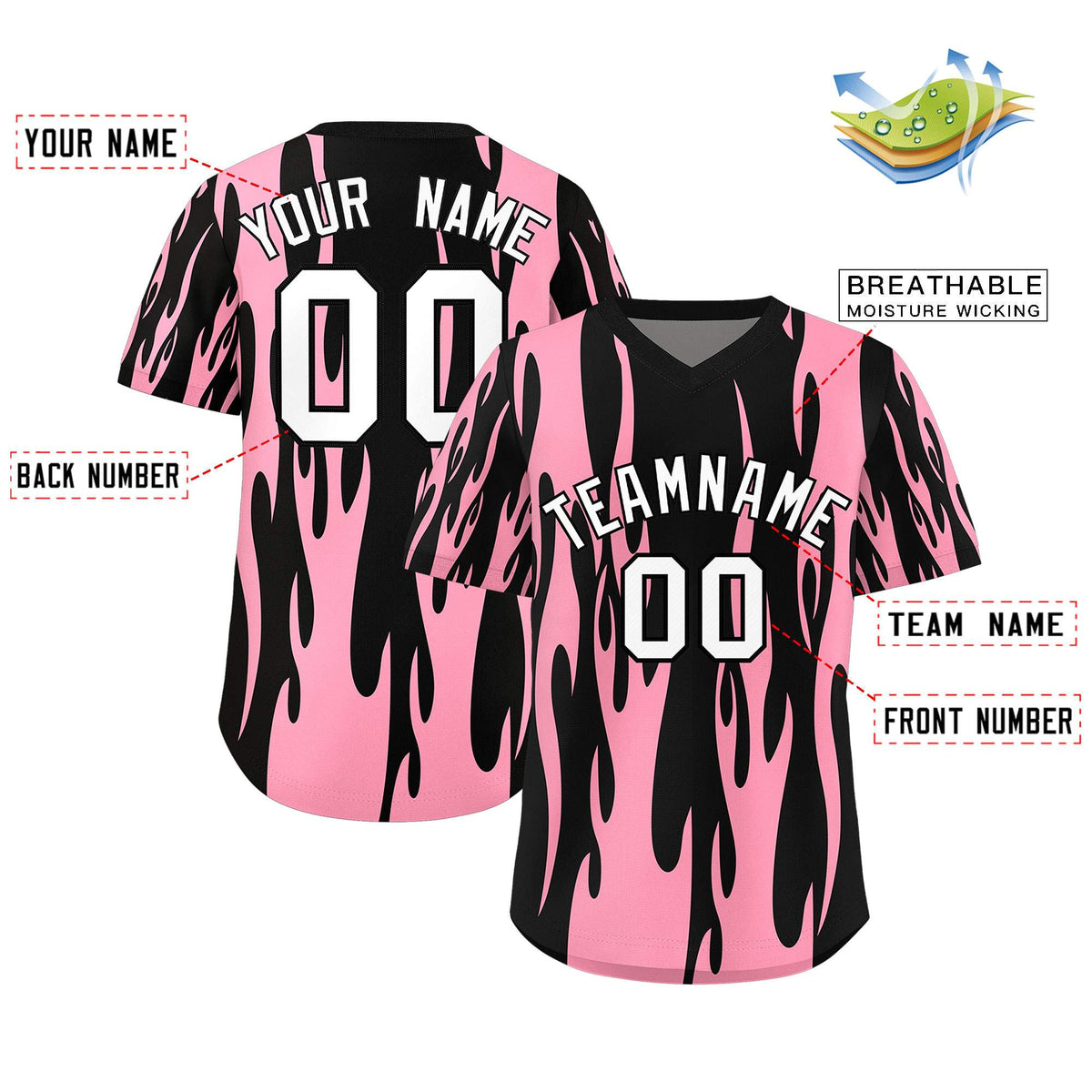 Custom Black Light Pink Flame Pattern Authentic Pullover Baseball Jersey