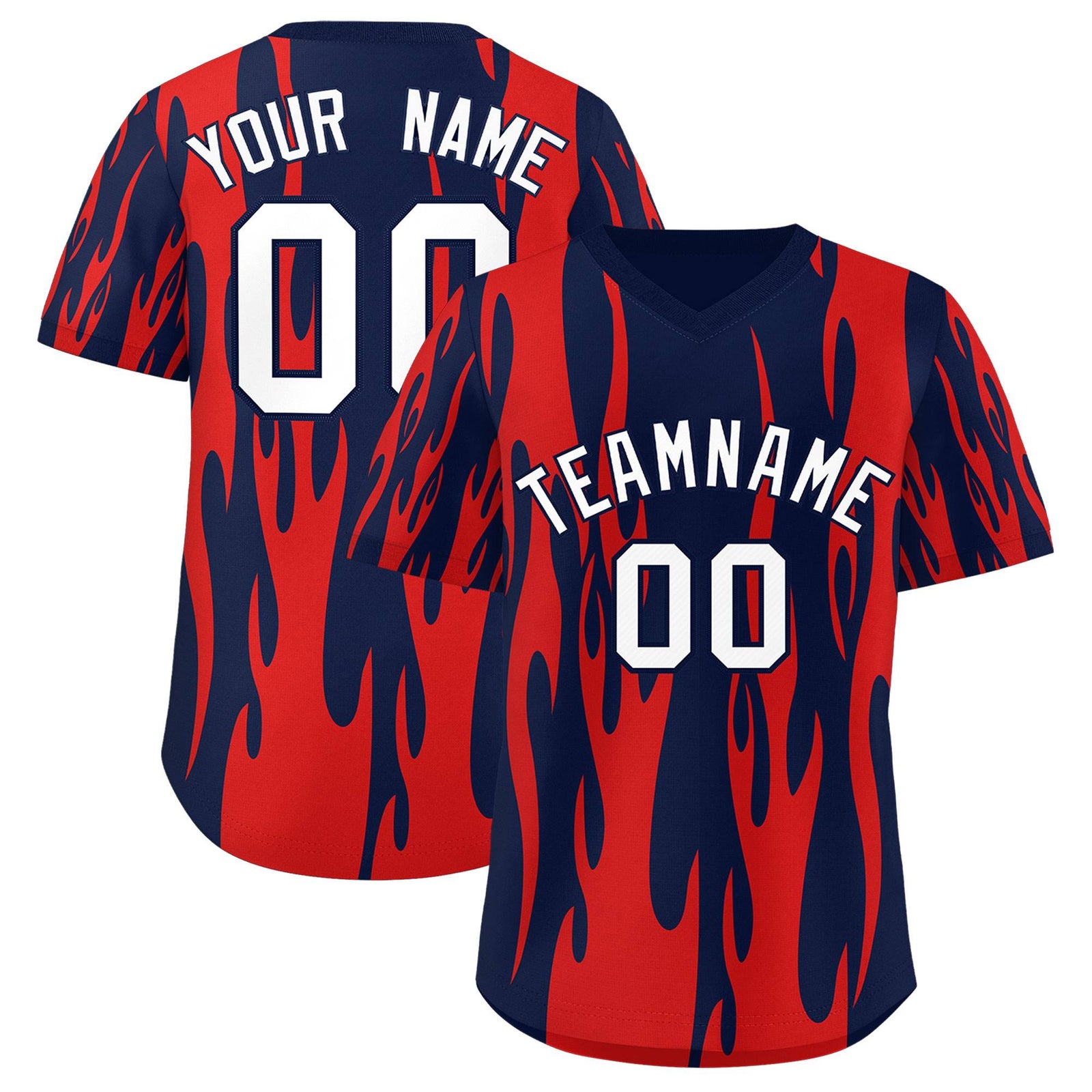 Custom Navy Red Flame Pattern Authentic Pullover Baseball Jersey