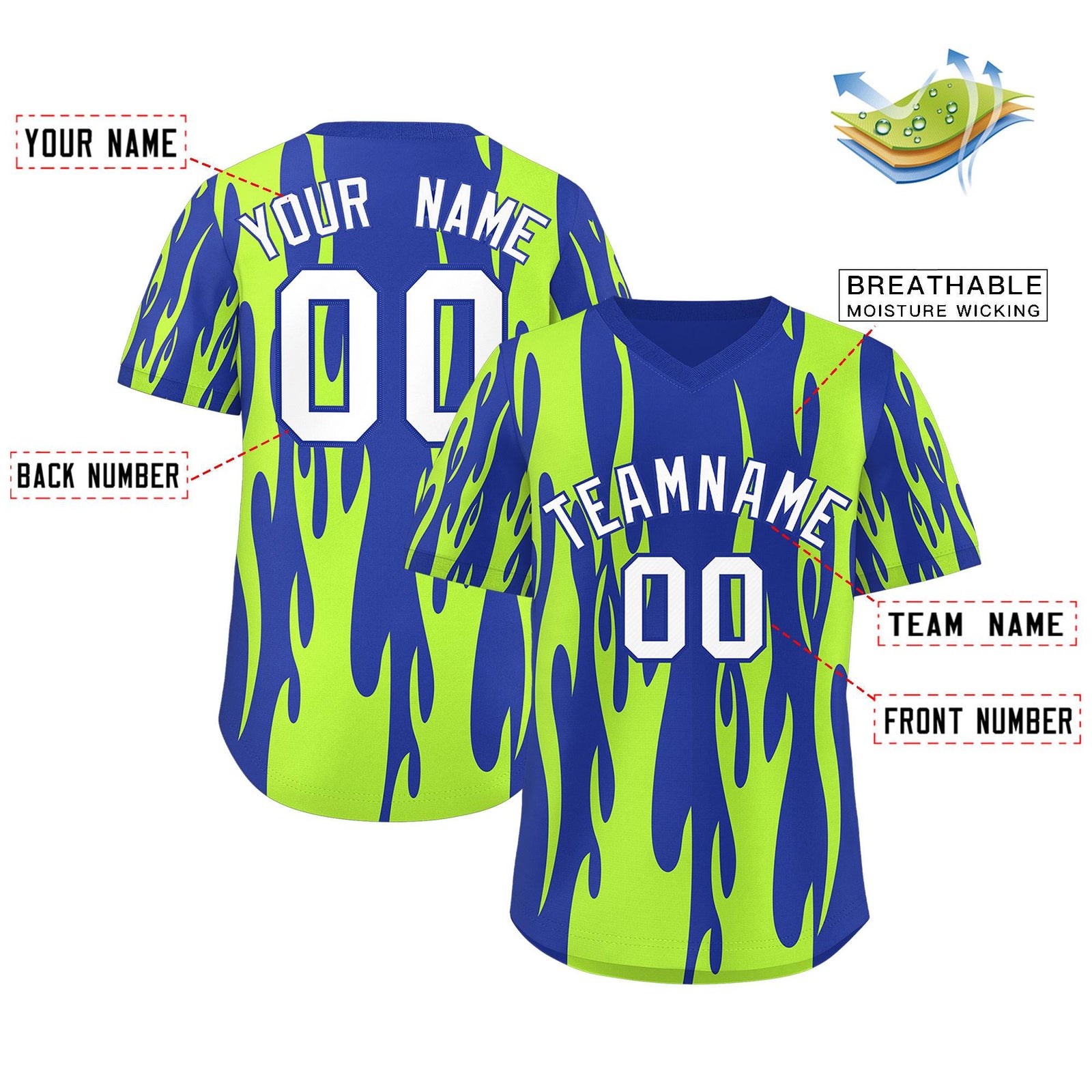 Custom Royal Neon Green Flame Pattern Authentic Pullover Baseball Jersey